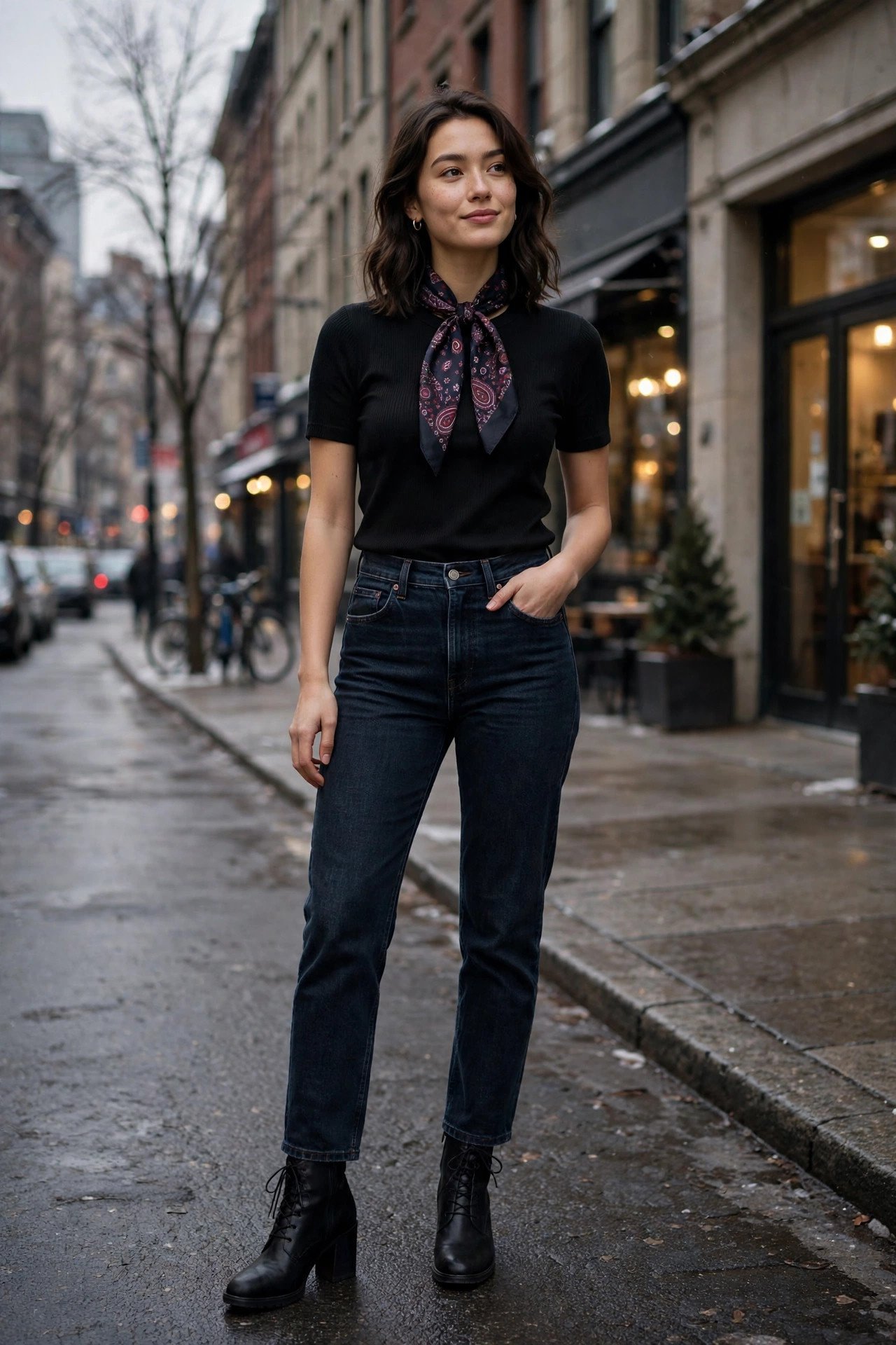 woman in dark jeans and black top with printed silk scarf