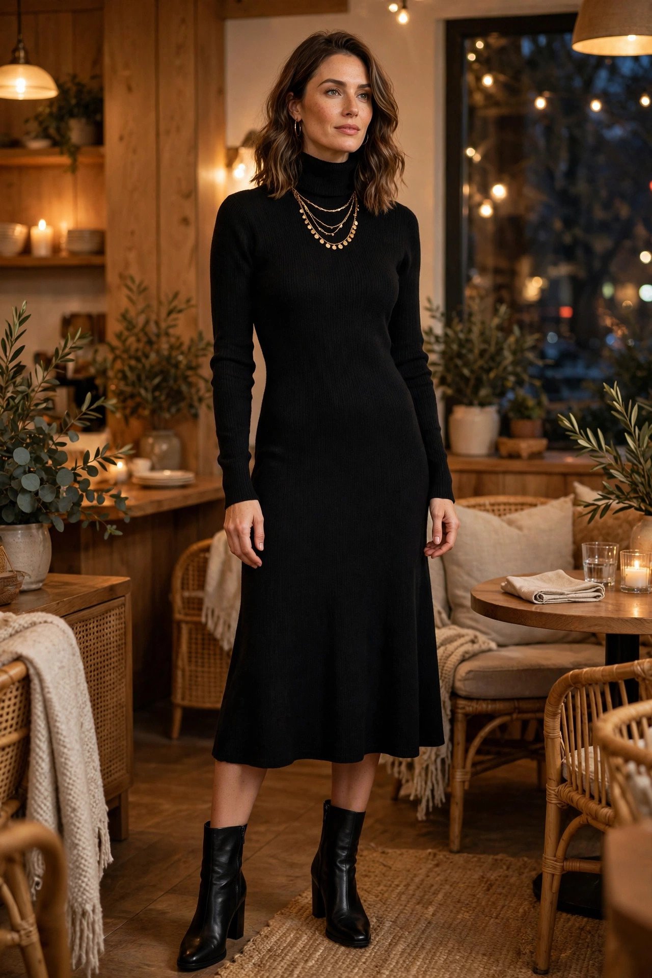 woman in black turtleneck dress with layered gold jewelry