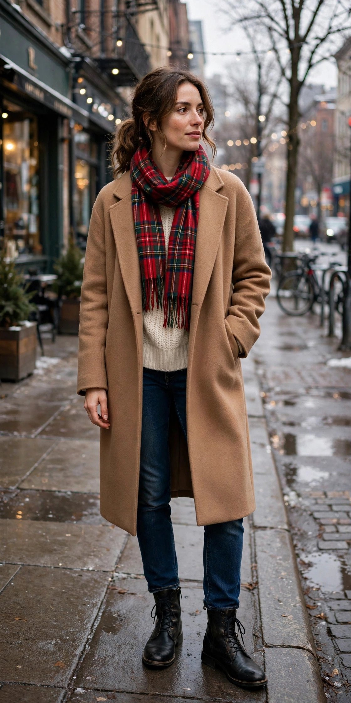 woman in camel coat with plaid scarf and dark jeans