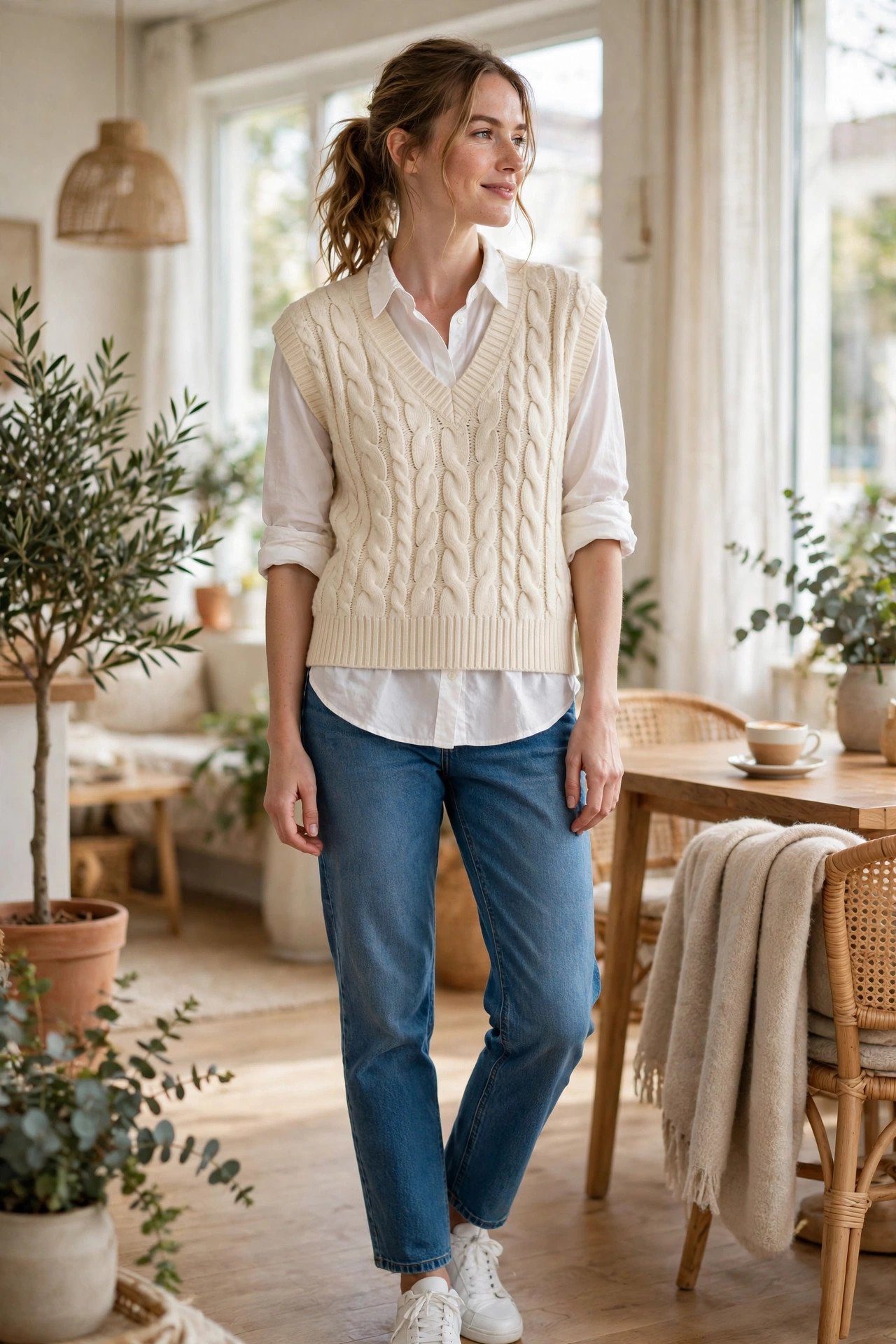 woman in cream sweater vest over white shirt