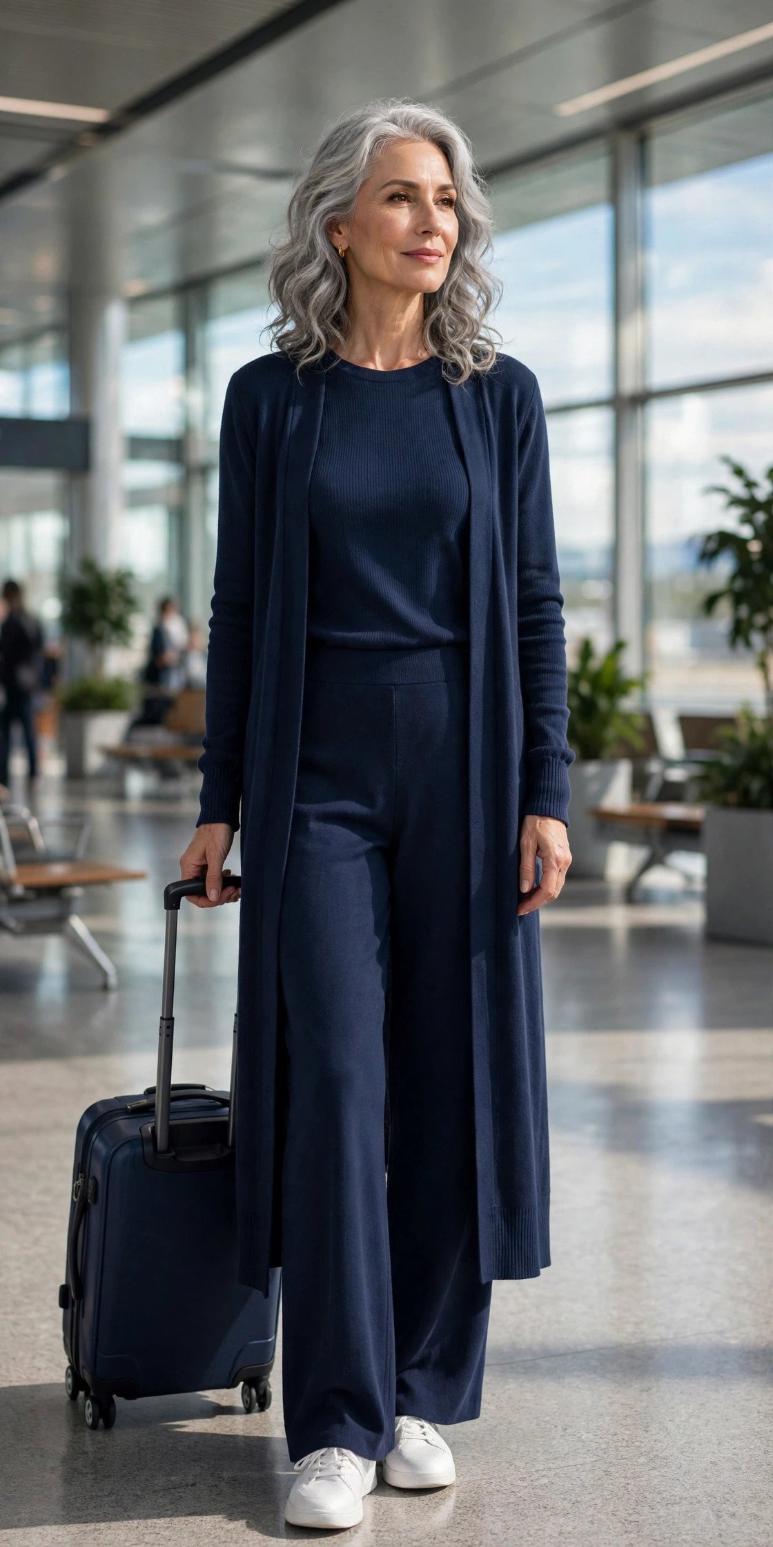 Elegant mature woman in navy knit travel set comfortable chic