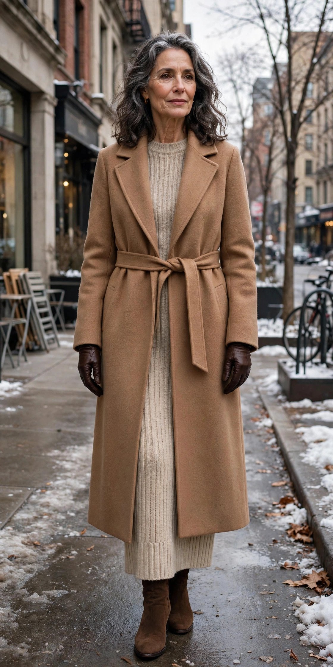 Elegant woman in wool coat with leather gloves winter travel