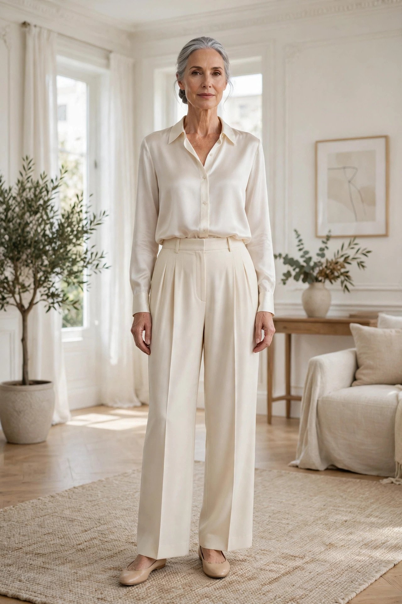 Elegant mature woman in pleated trousers and silk blouse