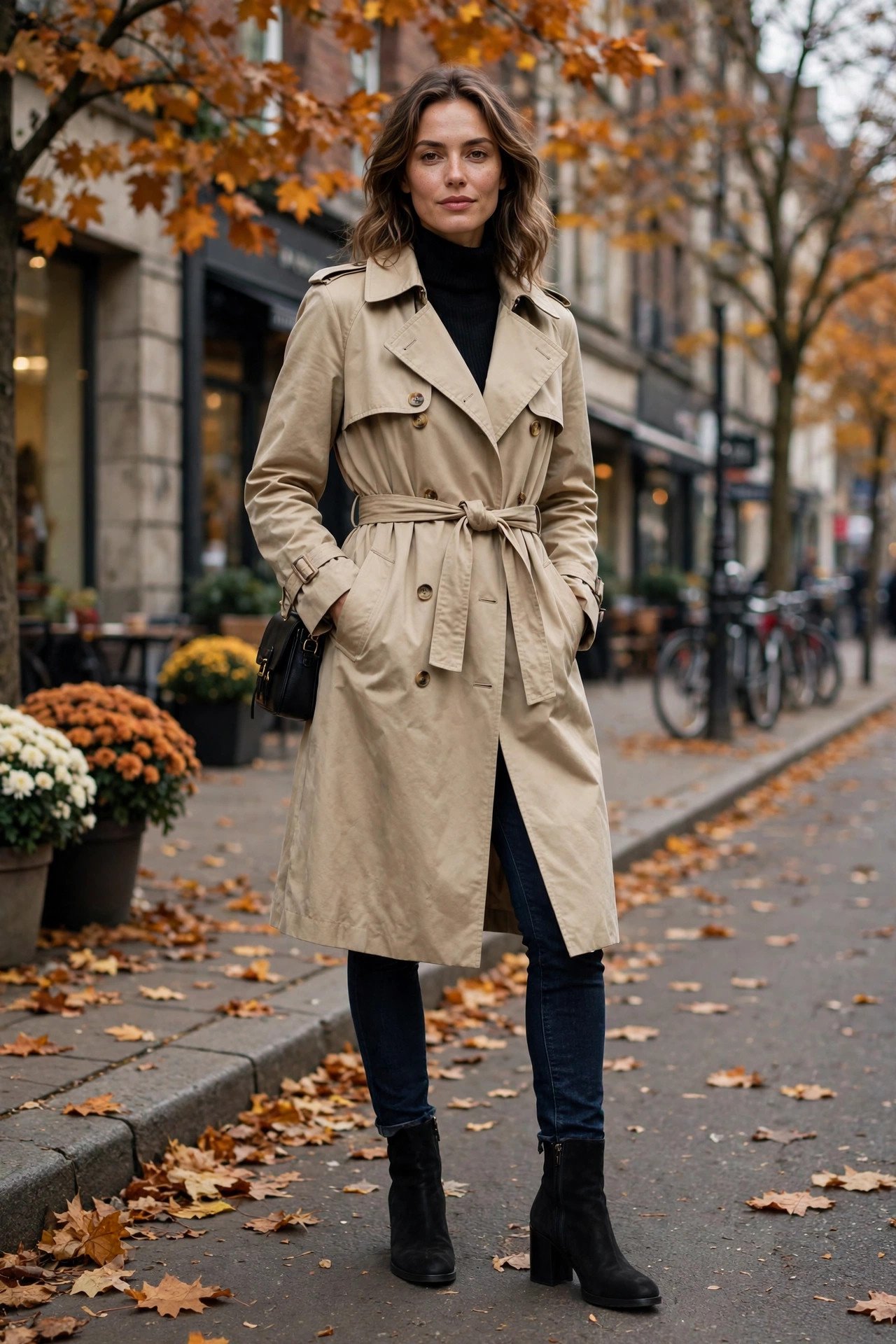 woman in classic beige trench coat with black turtleneck and jeans