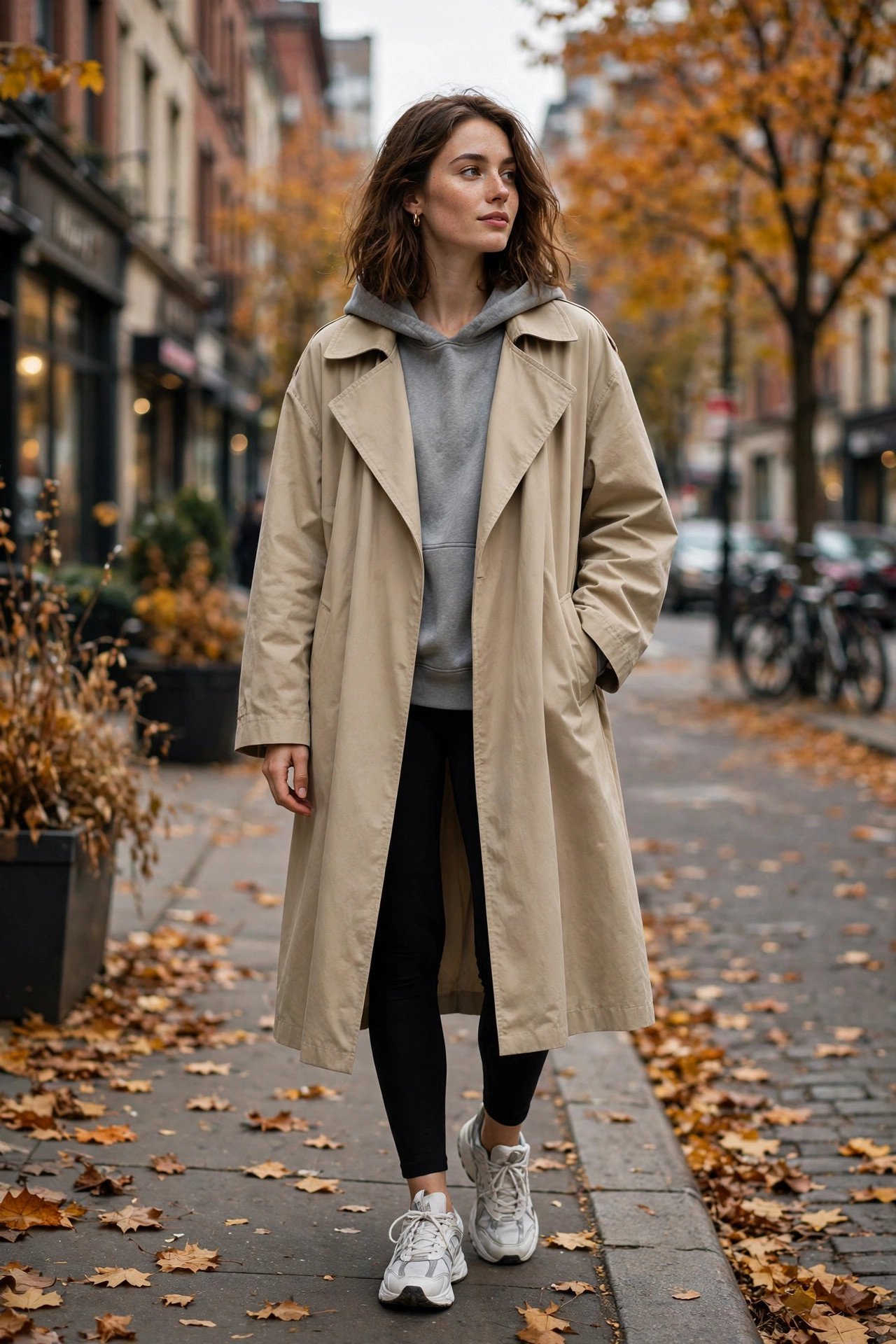 woman in oversized trench coat with hoodie and black leggings