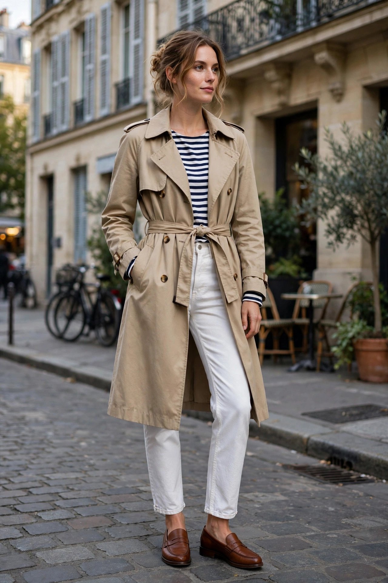 woman in trench coat with breton stripe top and white jeans
