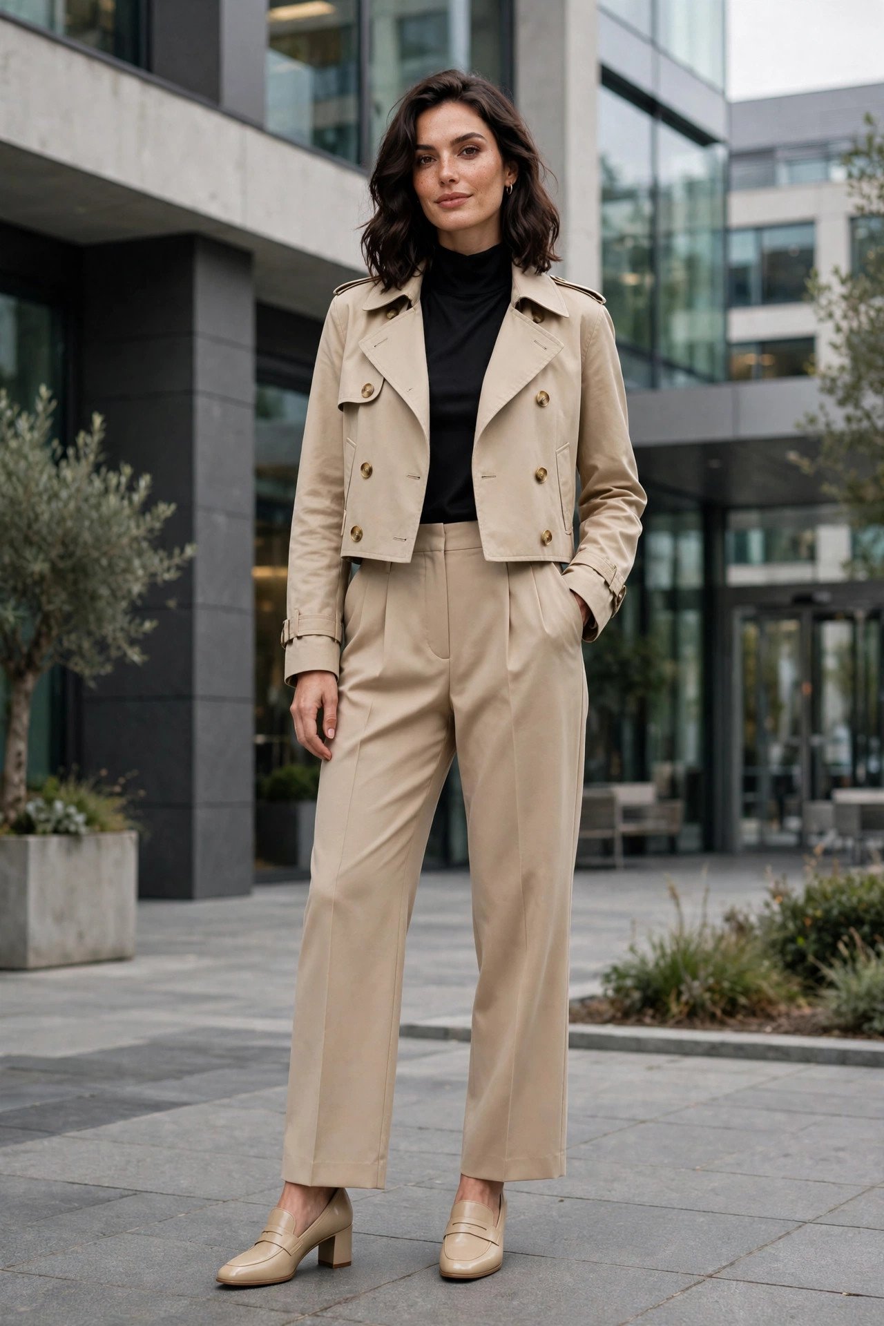 woman in cropped trench coat and high-waisted pleated trousers