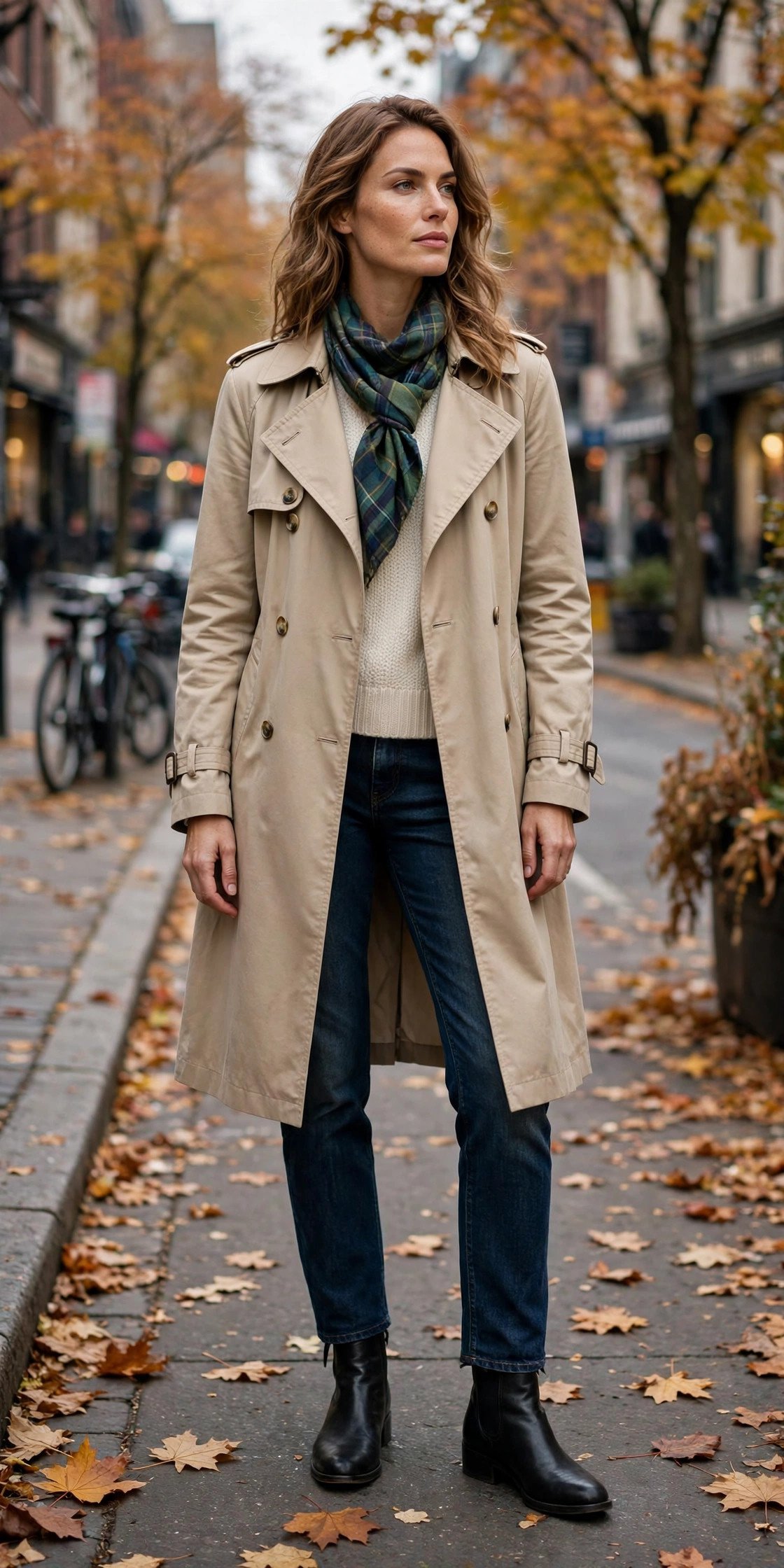 woman in beige trench coat with plaid scarf and dark jeans