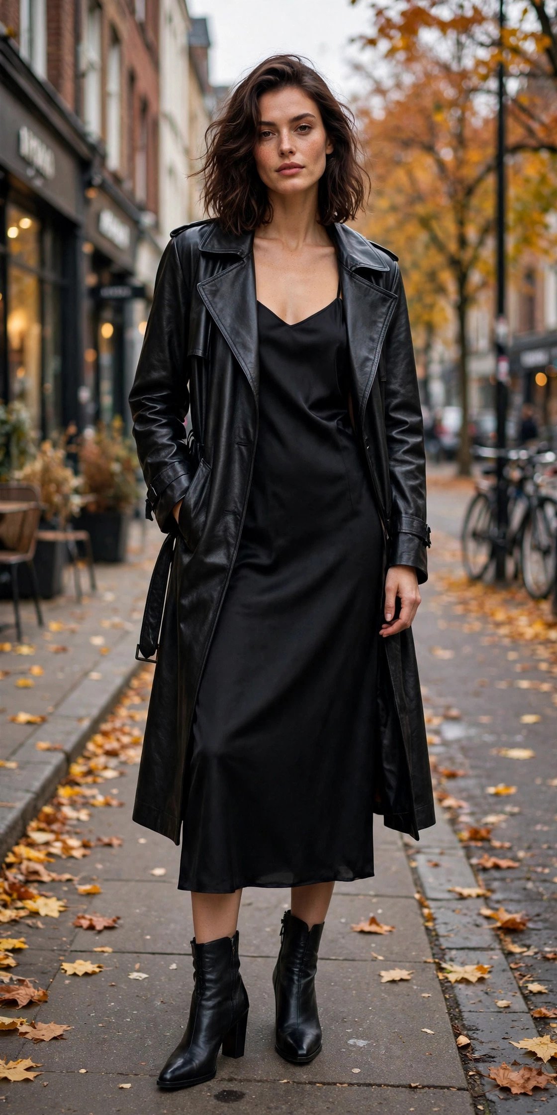 woman in black leather trench coat over black dress