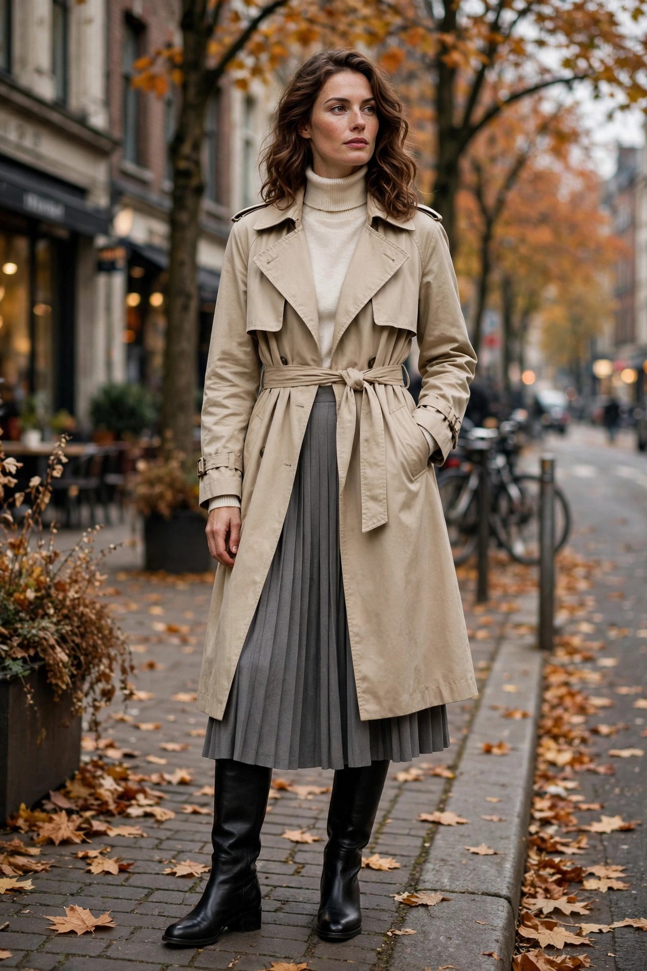 woman in trench coat with cream turtleneck and pleated midi skirt