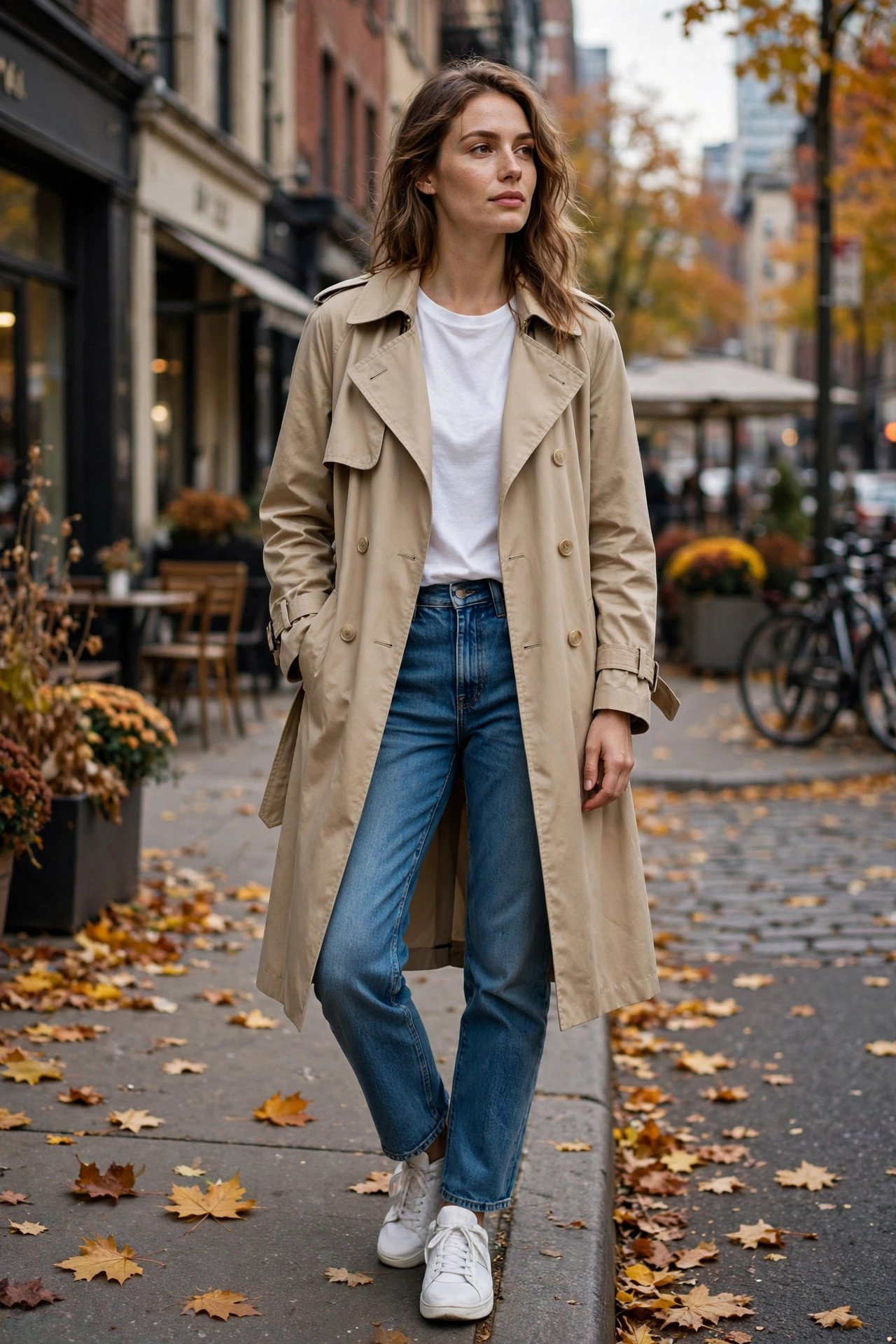 woman in trench coat with white tee jeans and white sneakers