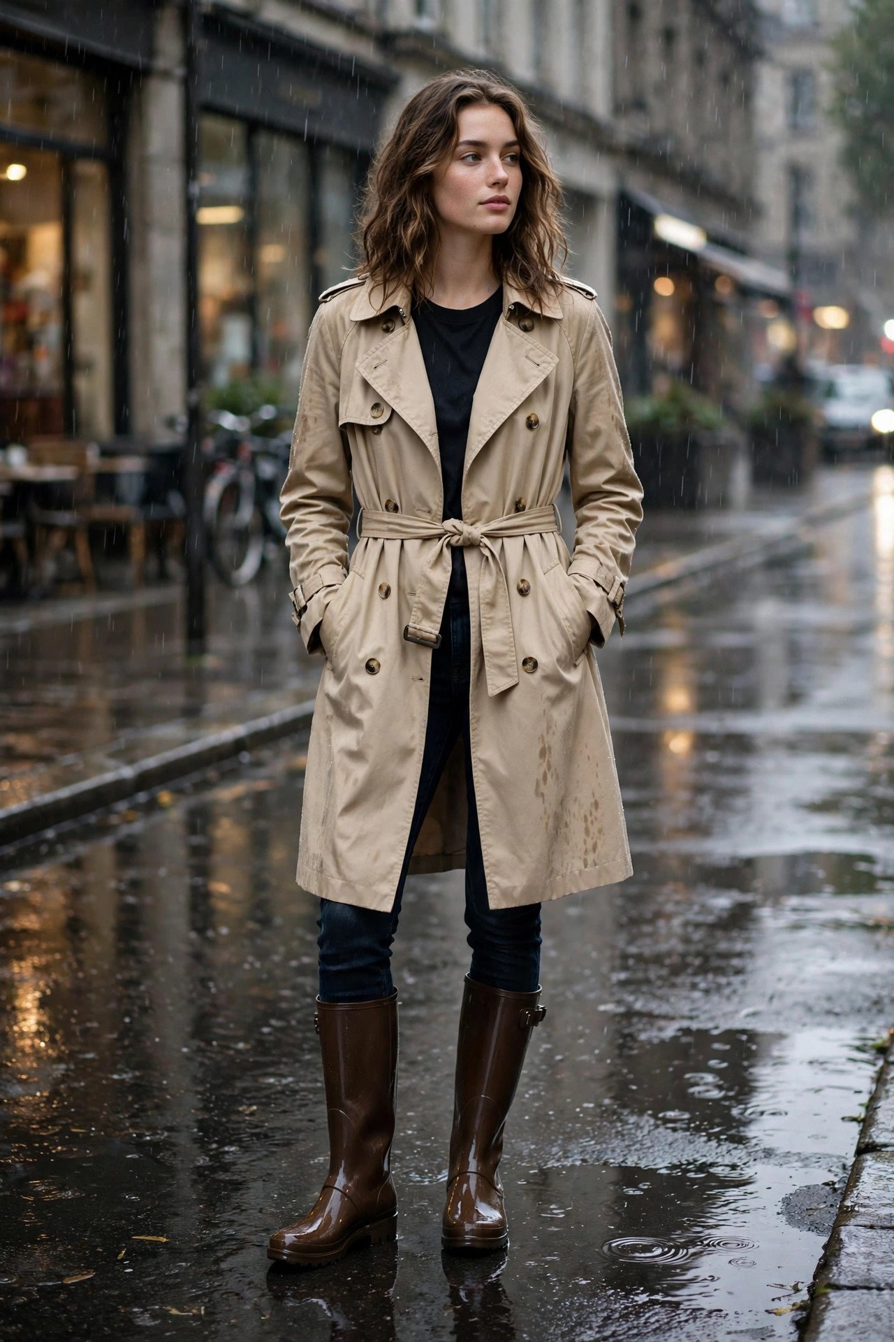 woman in classic trench coat with rain boots on wet day