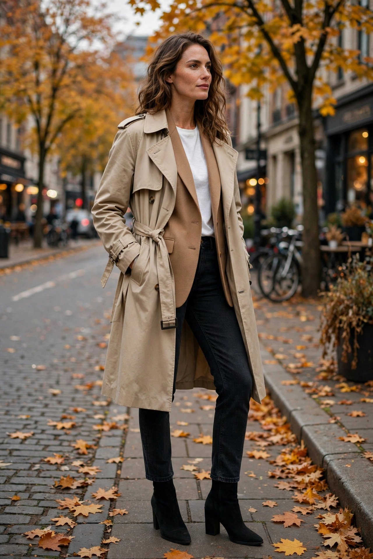 woman in trench coat layered over camel blazer