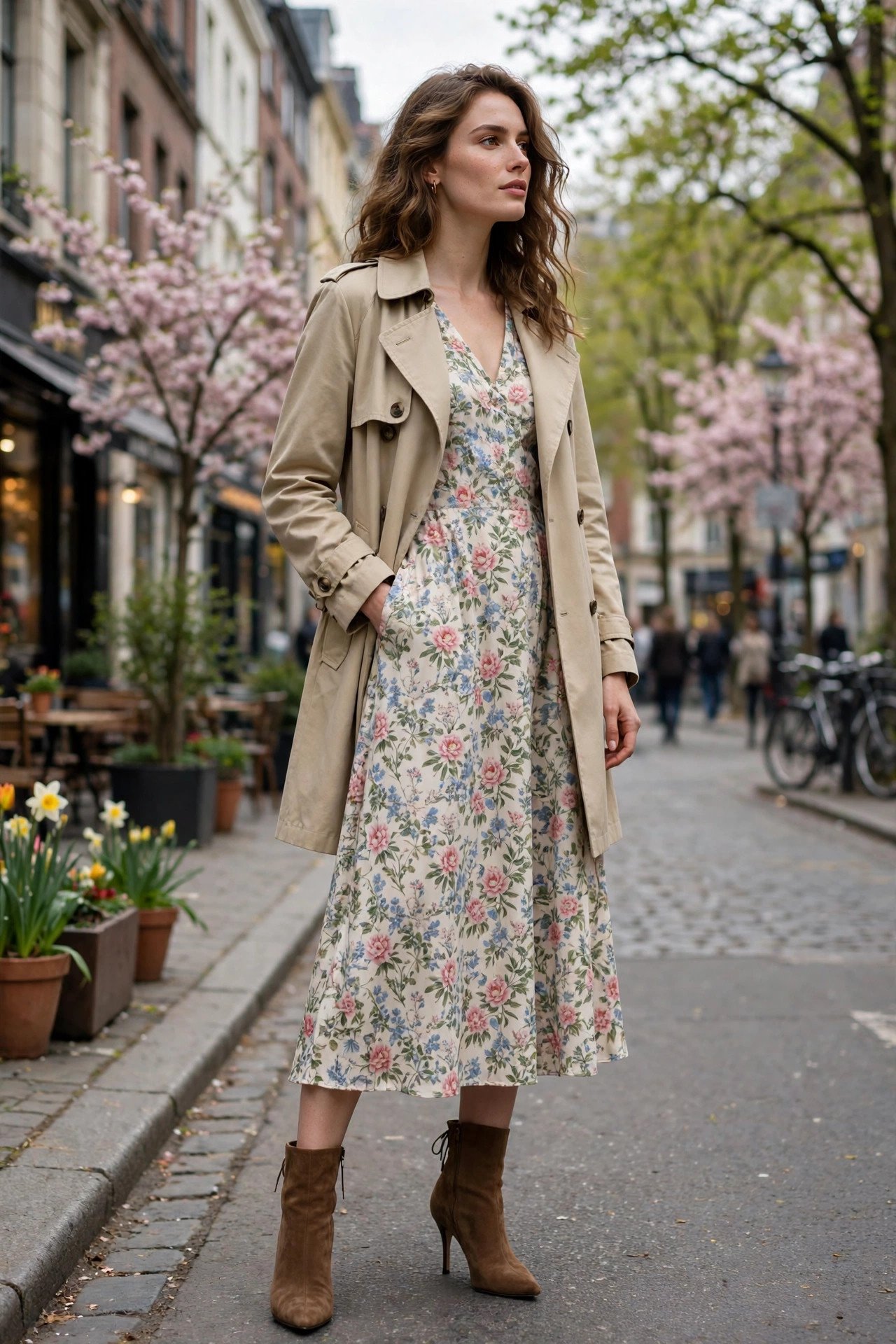 woman in short trench coat over floral midi dress