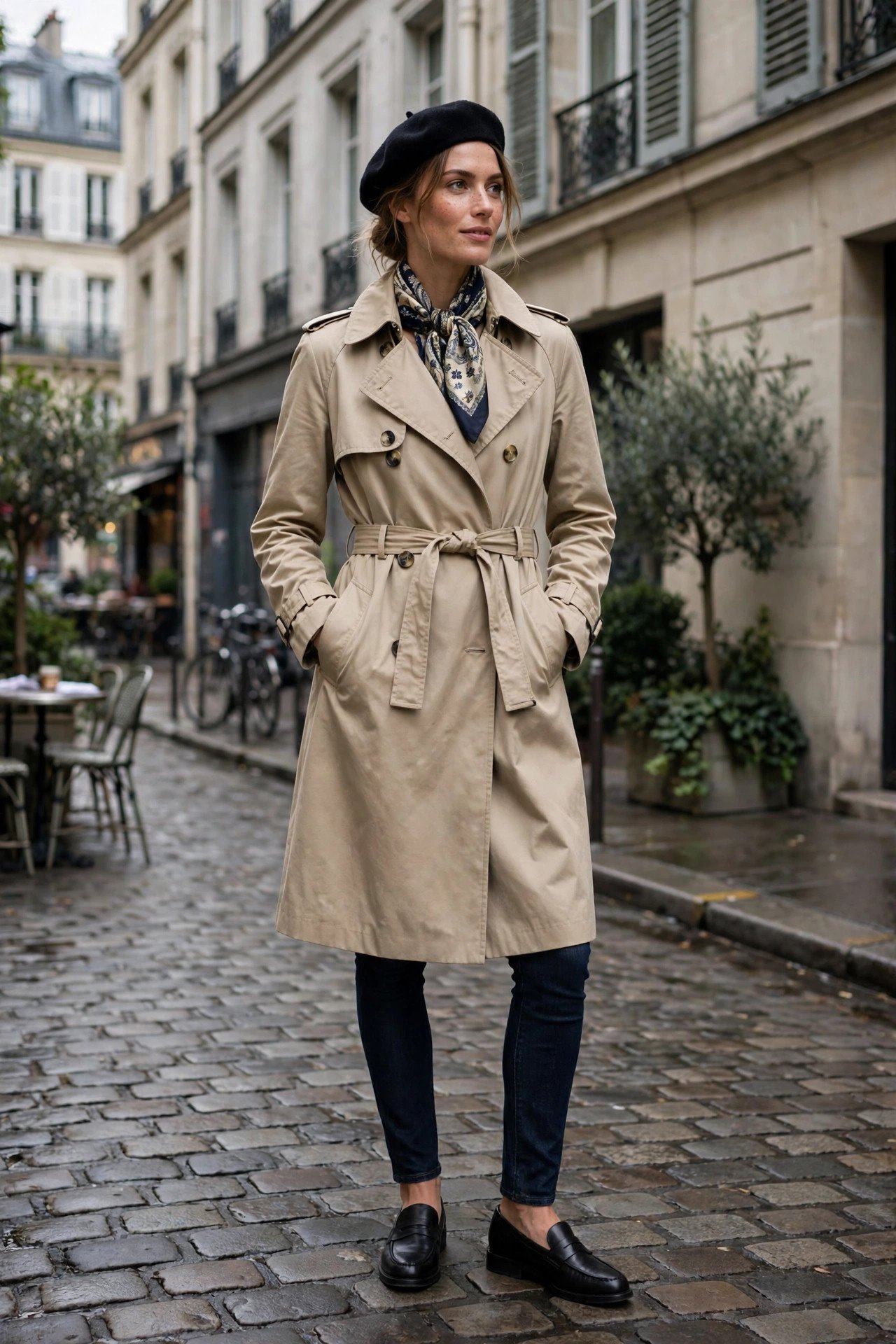 woman in trench coat with beret and silk scarf parisian style