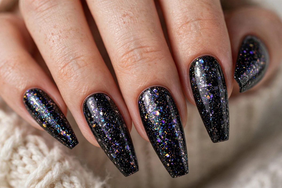 Black winter nails with holographic glitter