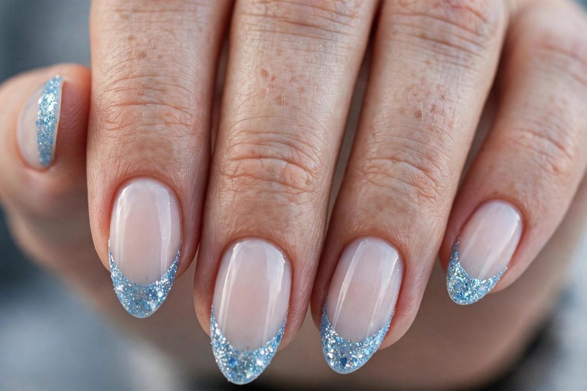 Icy blue glitter tip winter nails