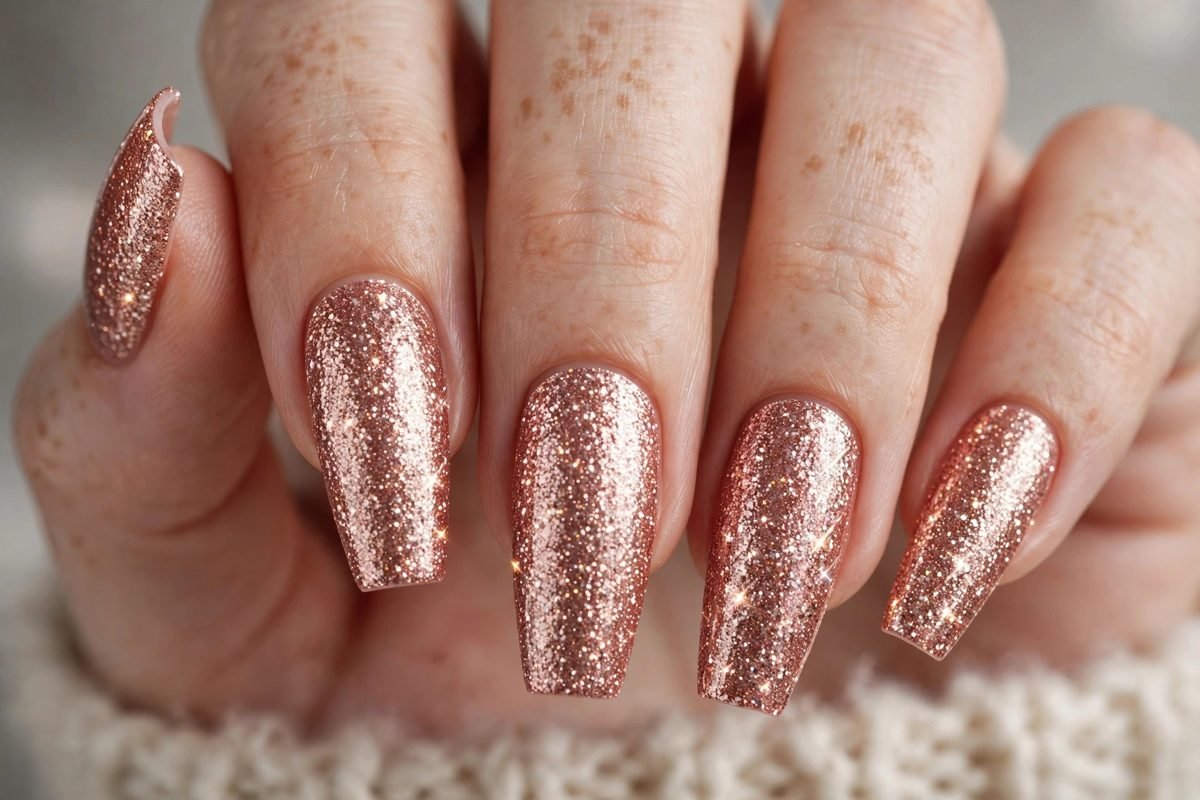 Rose gold glitter coffin nails