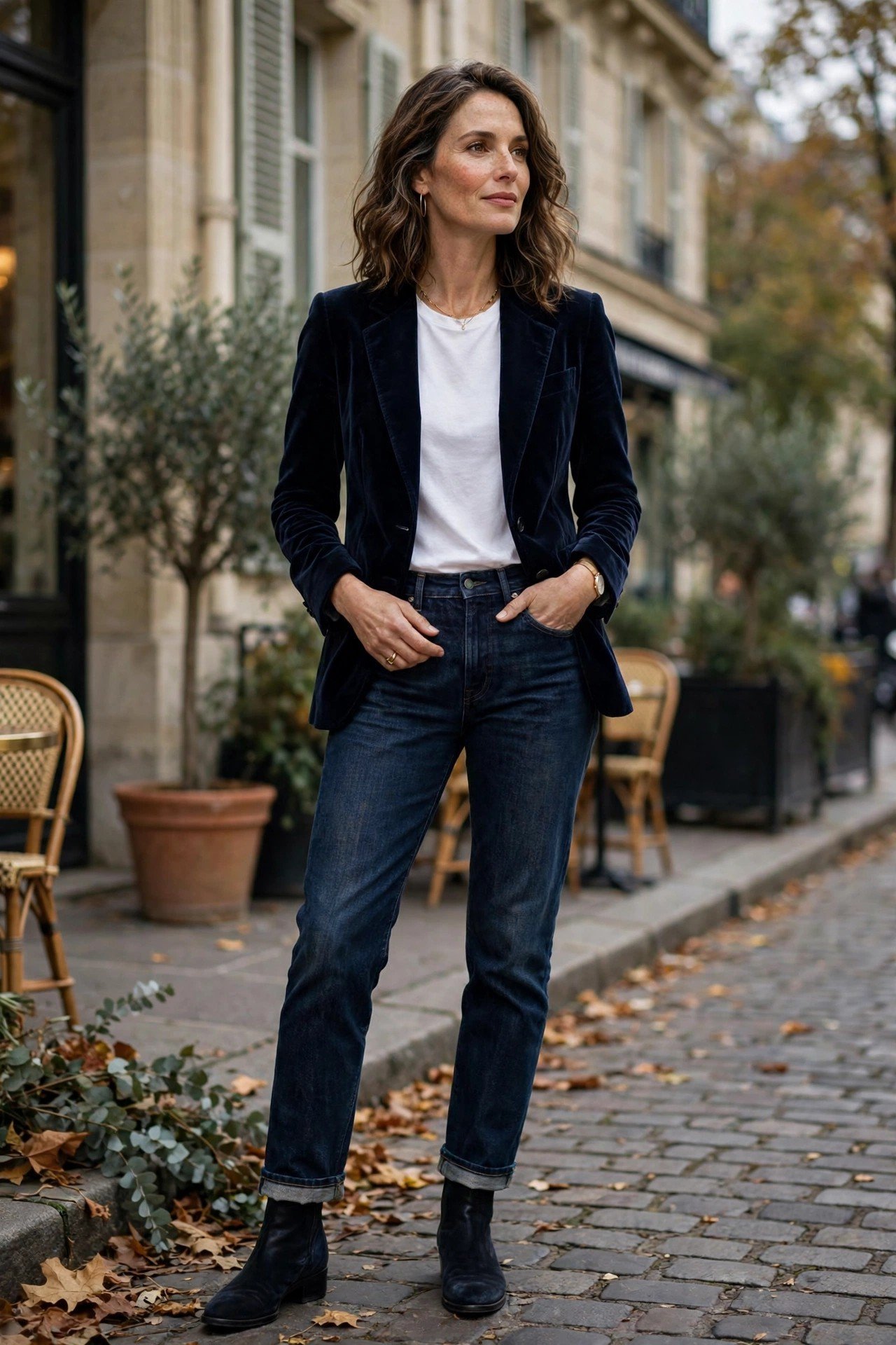 Woman in black velvet blazer with dark jeans