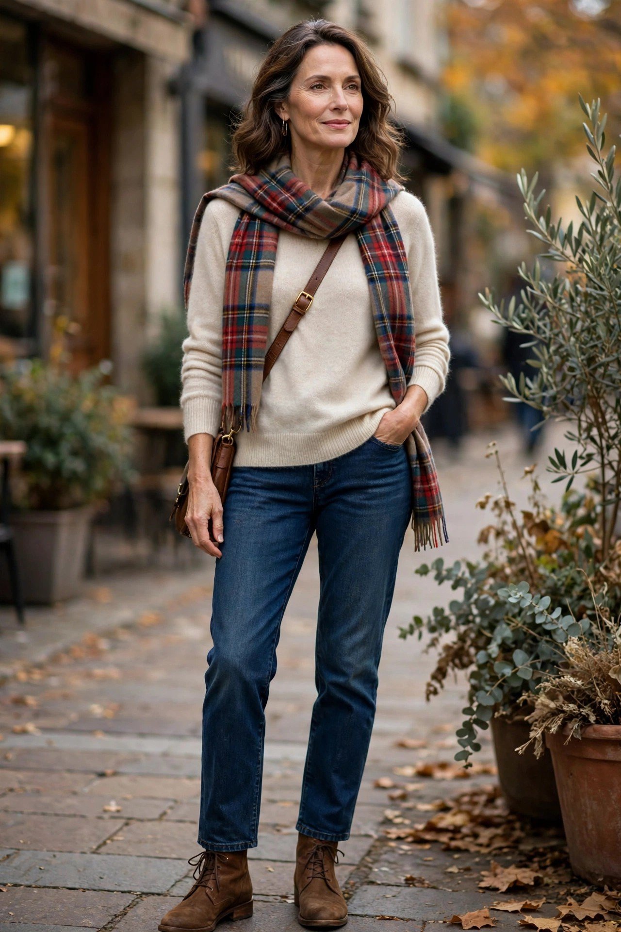 Woman in cream cashmere sweater with tartan scarf