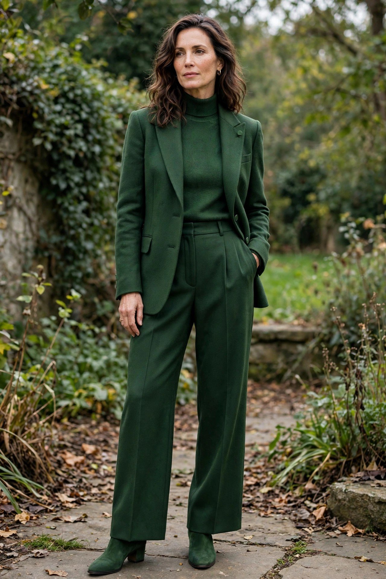 Woman in forest green wrap top and satin skirt