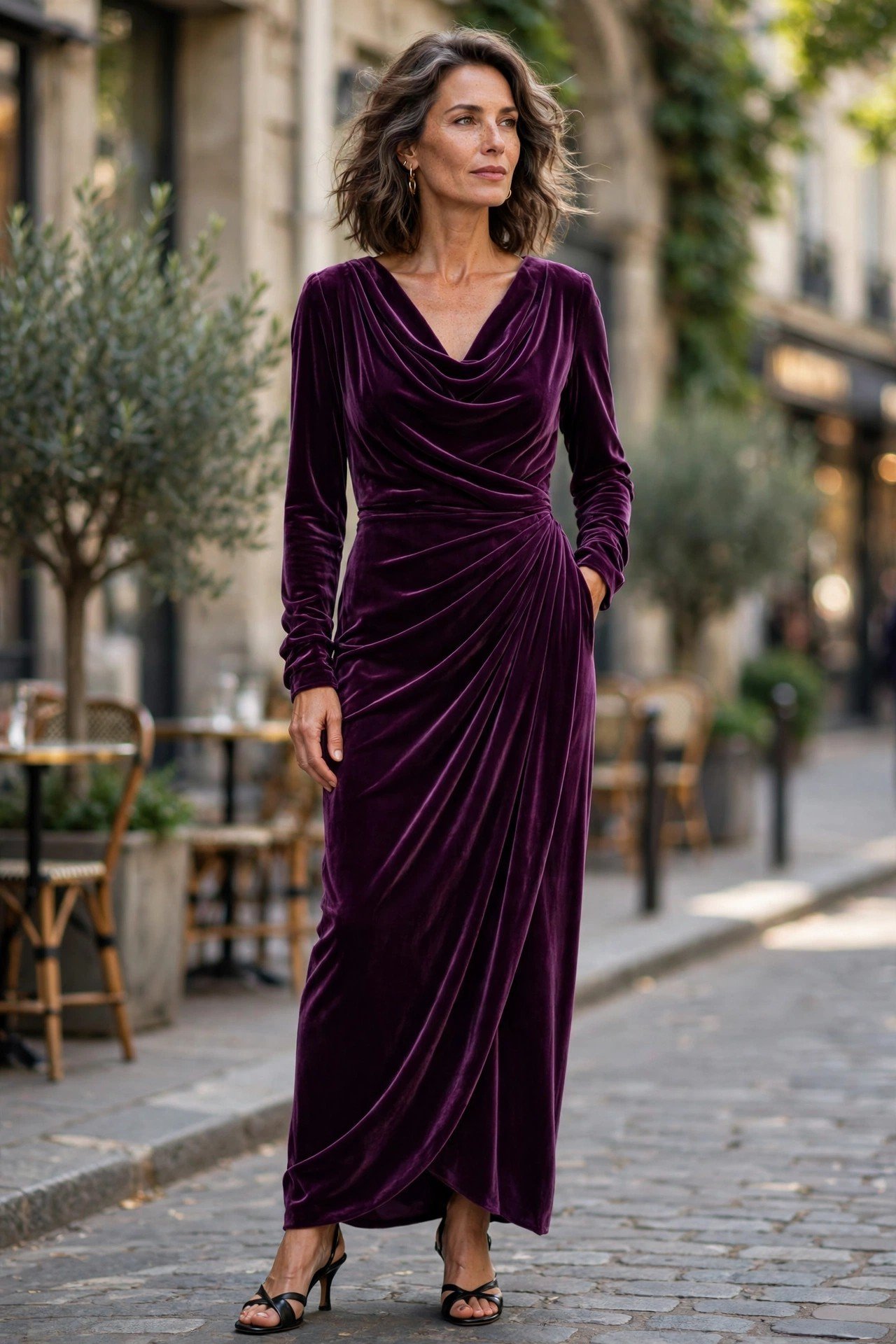 Woman in plum velvet midi dress