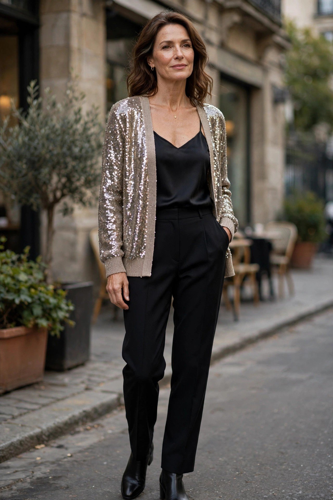 Woman in sparkle cardigan with black trousers