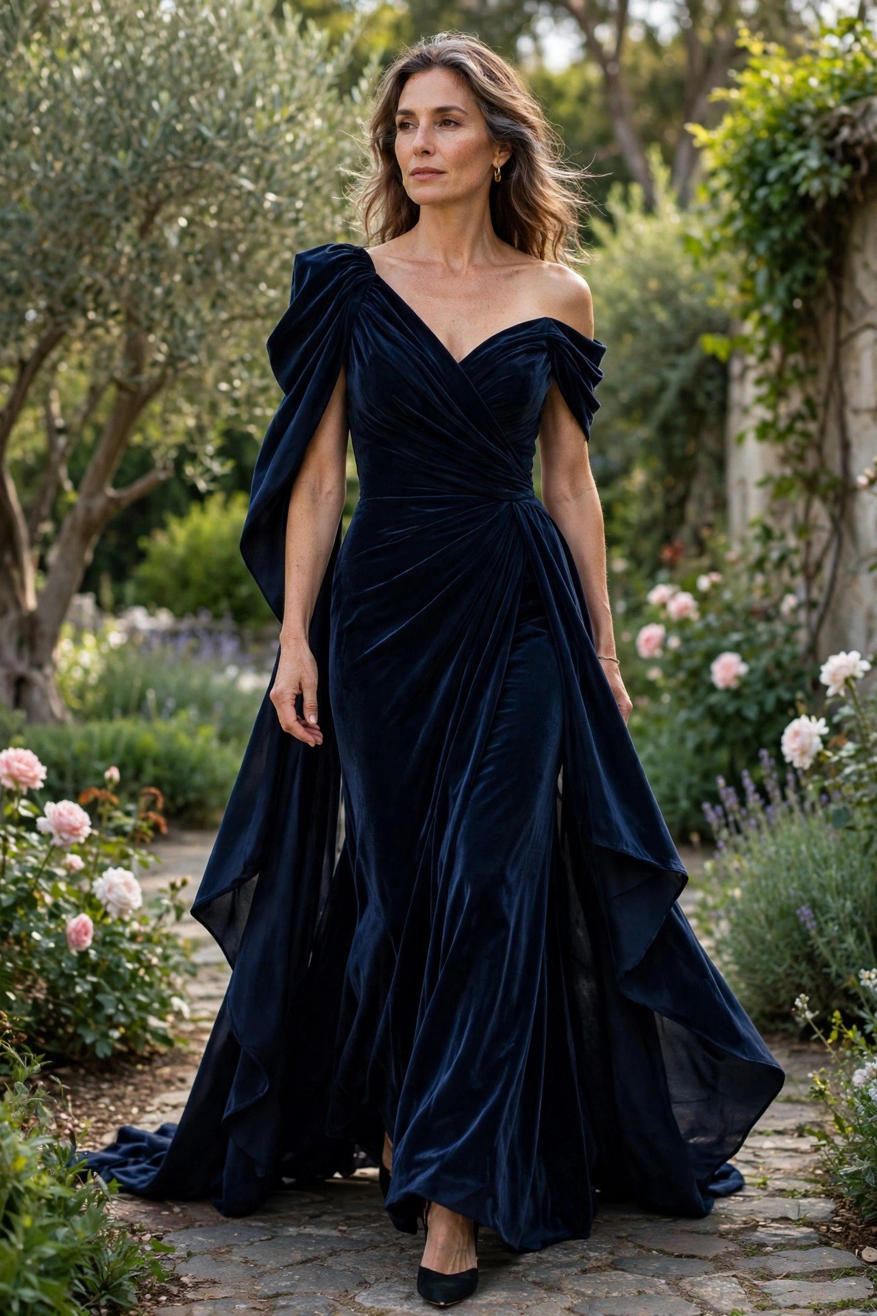 Woman in midnight blue evening gown