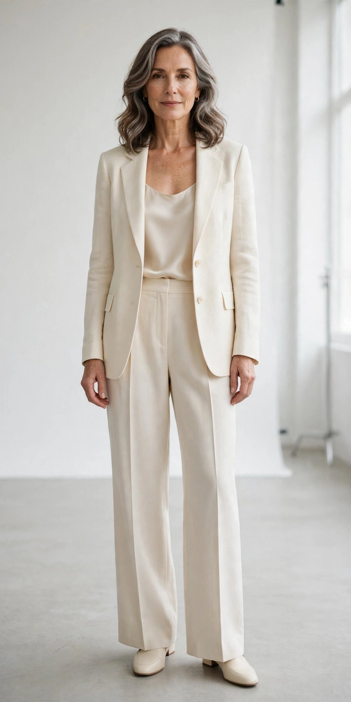 Mature woman in a cream blazer with tailored trousers