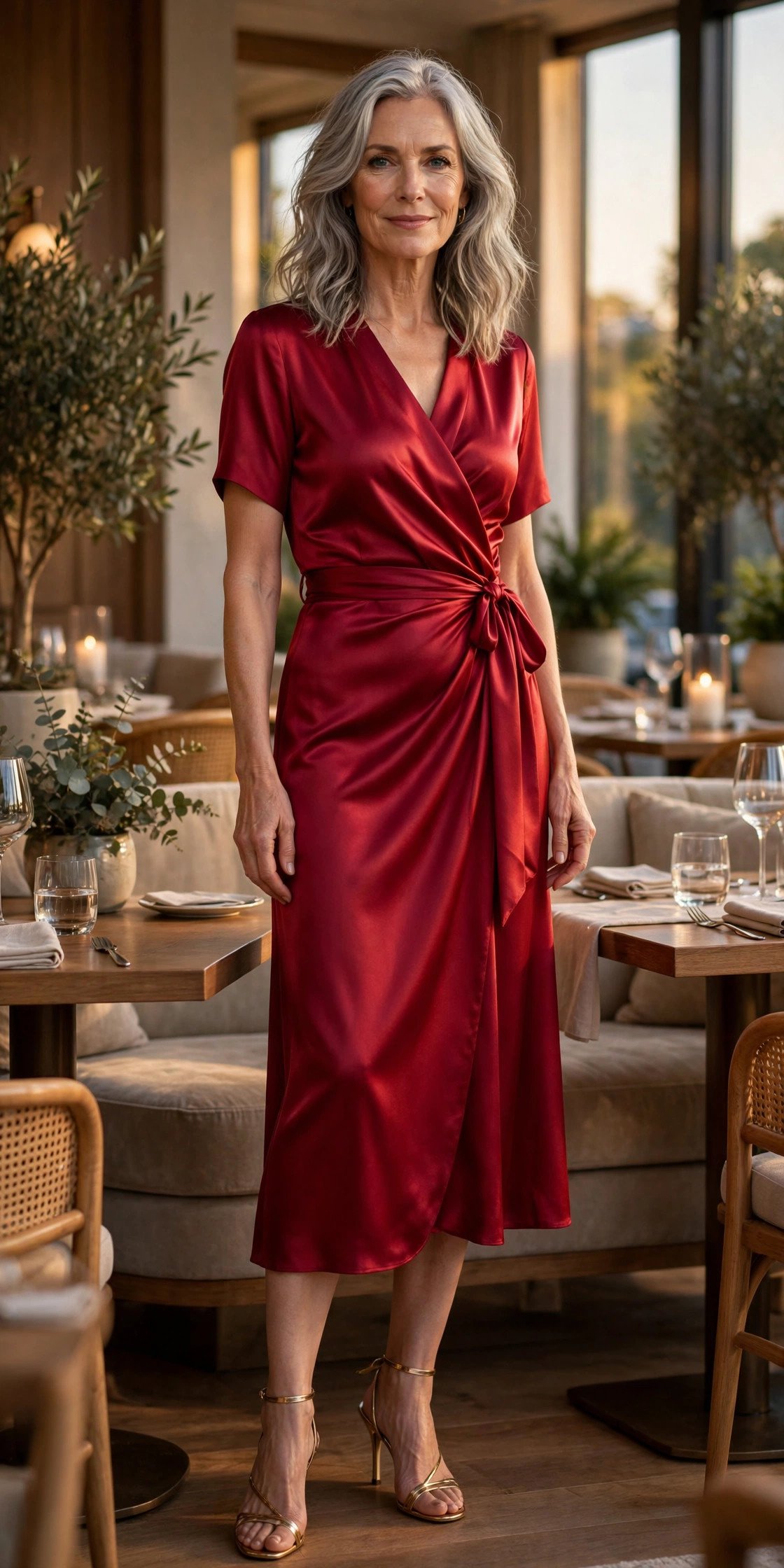 Older woman in an elegant jewel-tone wrap dress for evening