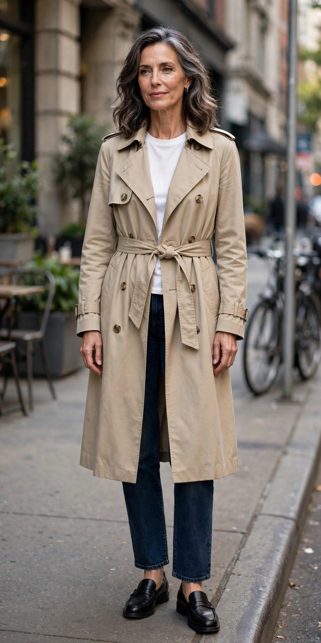 Mature woman in a classic trench coat with dark jeans
