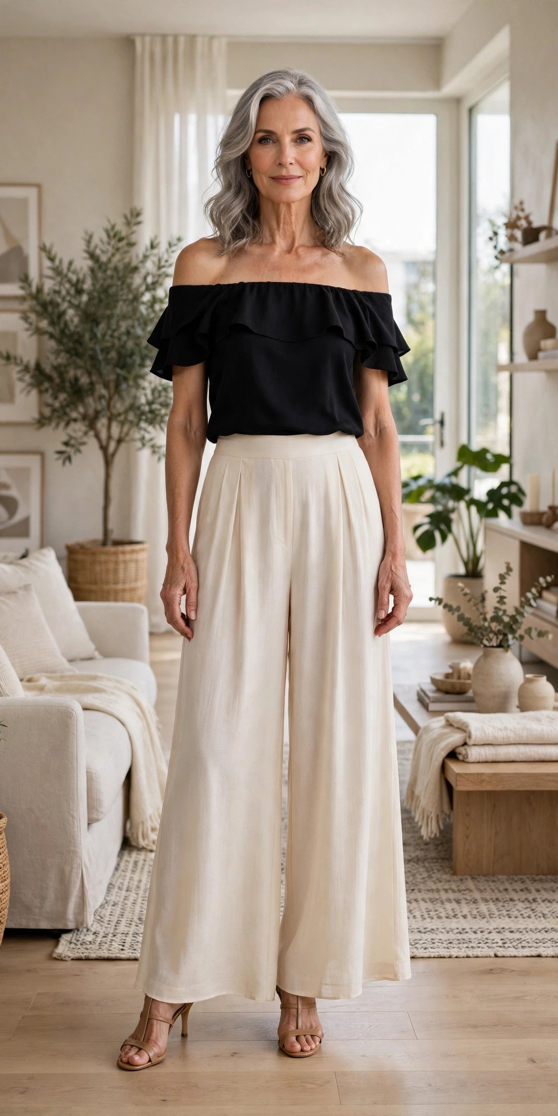 Mature woman in an off-shoulder top with palazzo pants