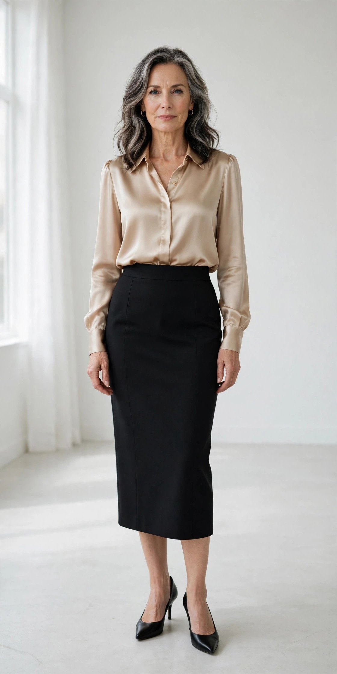 Mature woman in a satin blouse with a tailored skirt