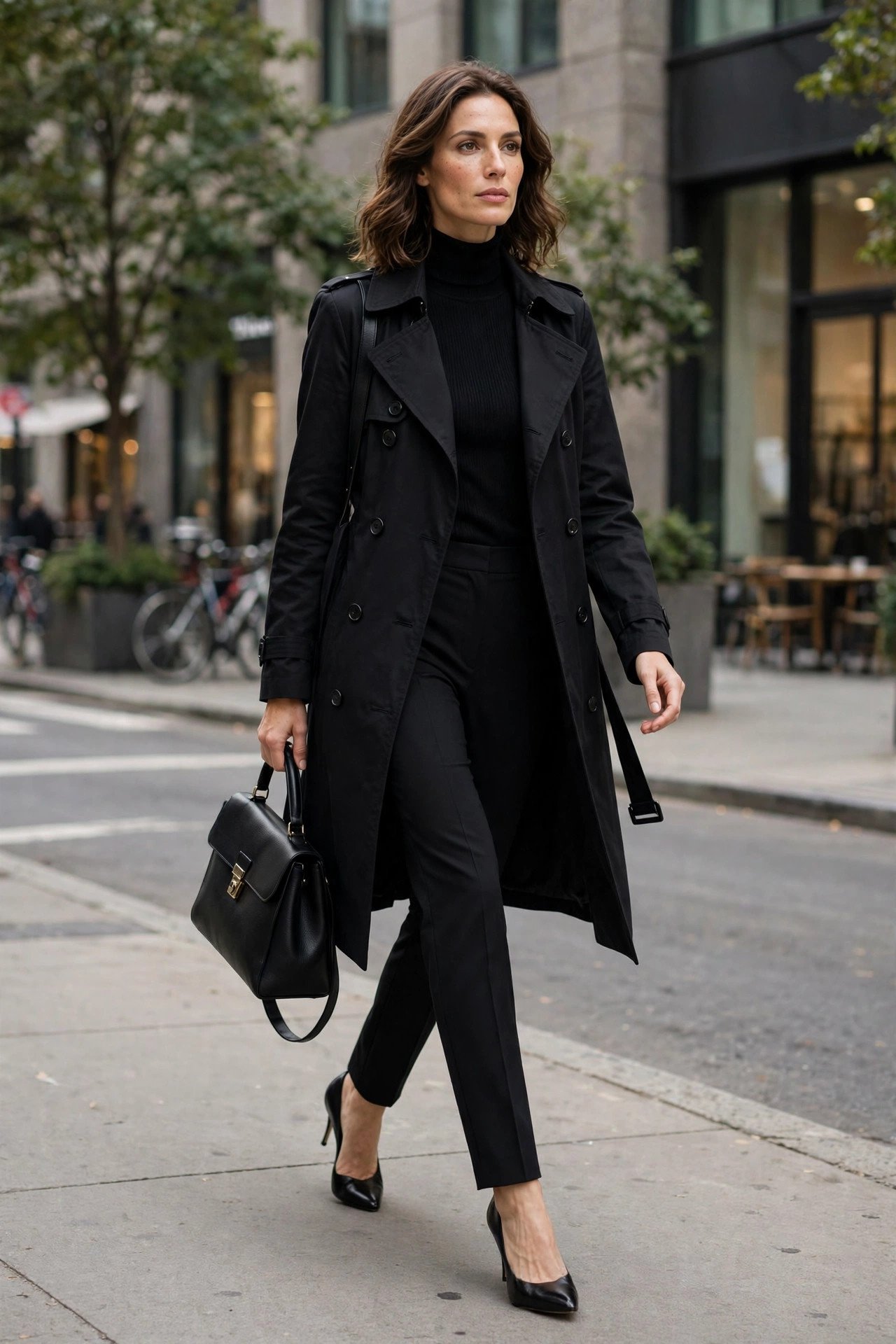 All-black monochrome office outfit with trench