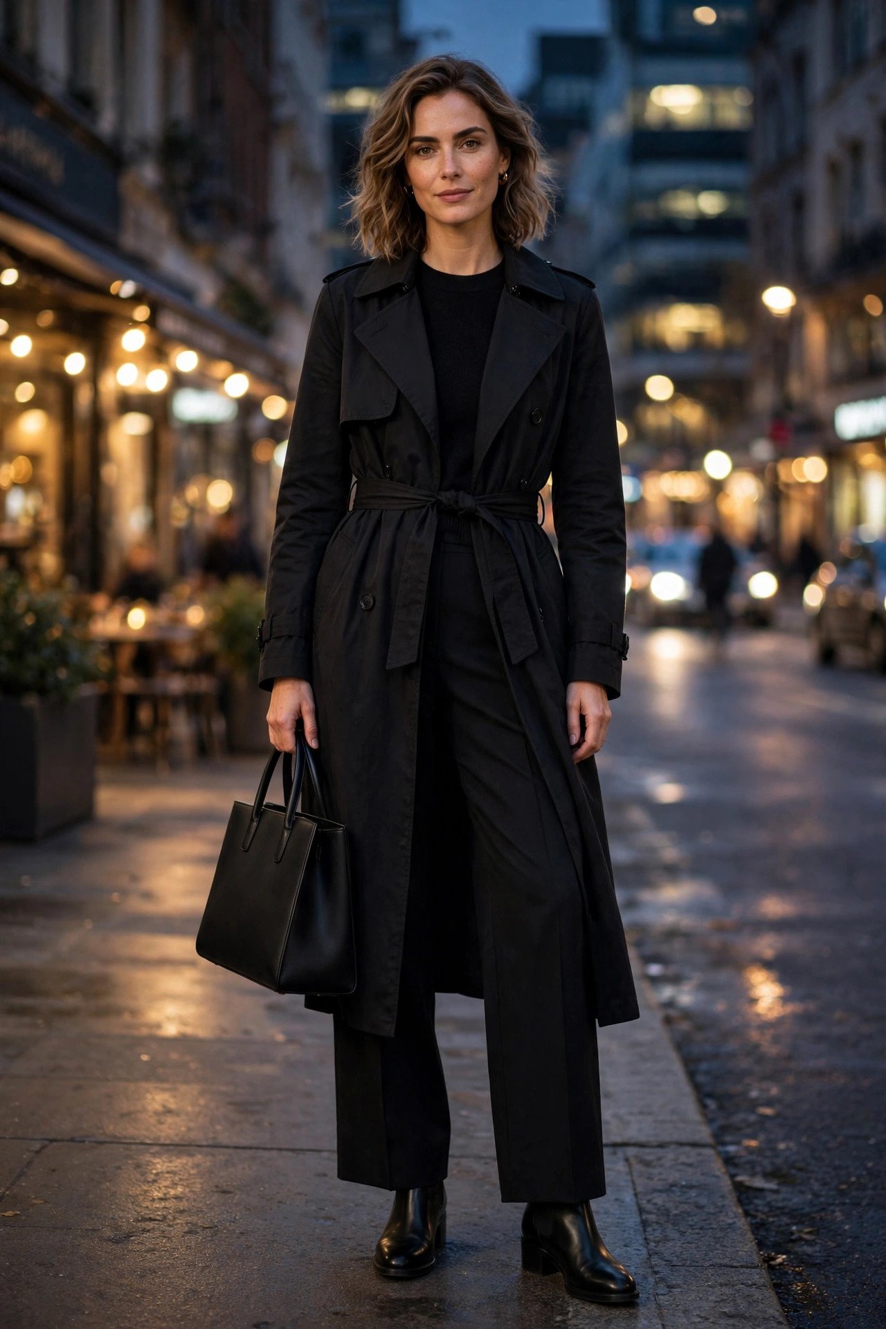 Trench coat over all-black work outfit