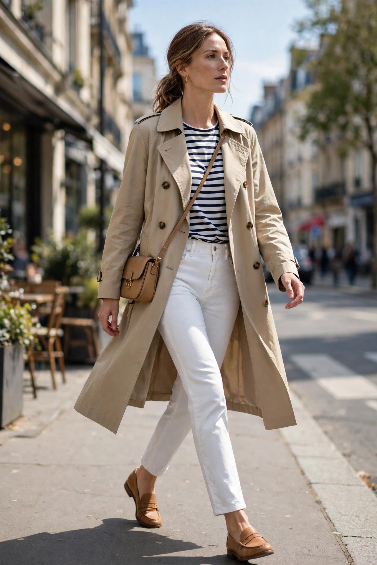Striped shirt with white jeans and trench coat
