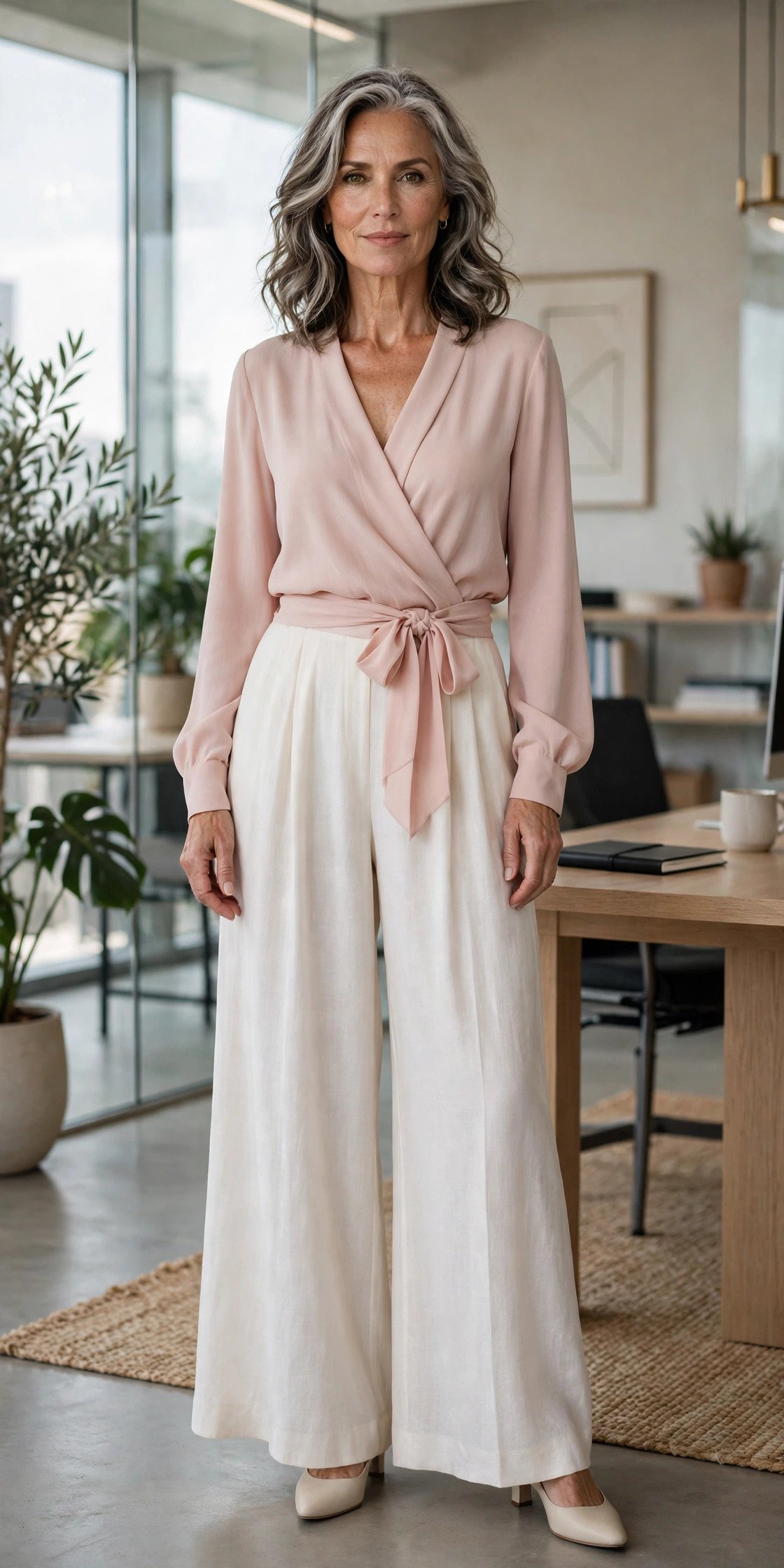 Woman in crepe wrap blouse with wide leg pants