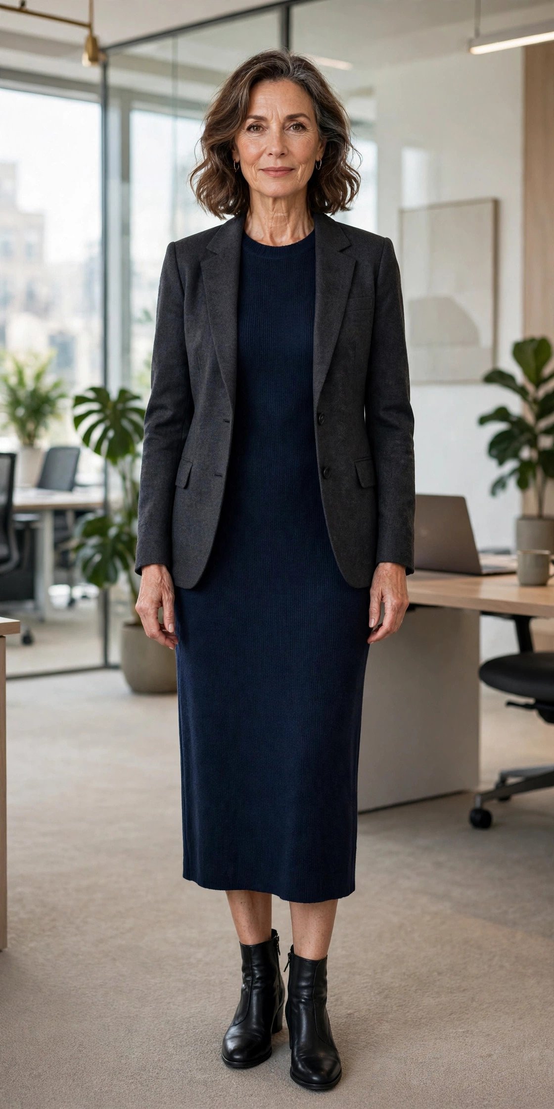 Woman in knit midi dress with blazer