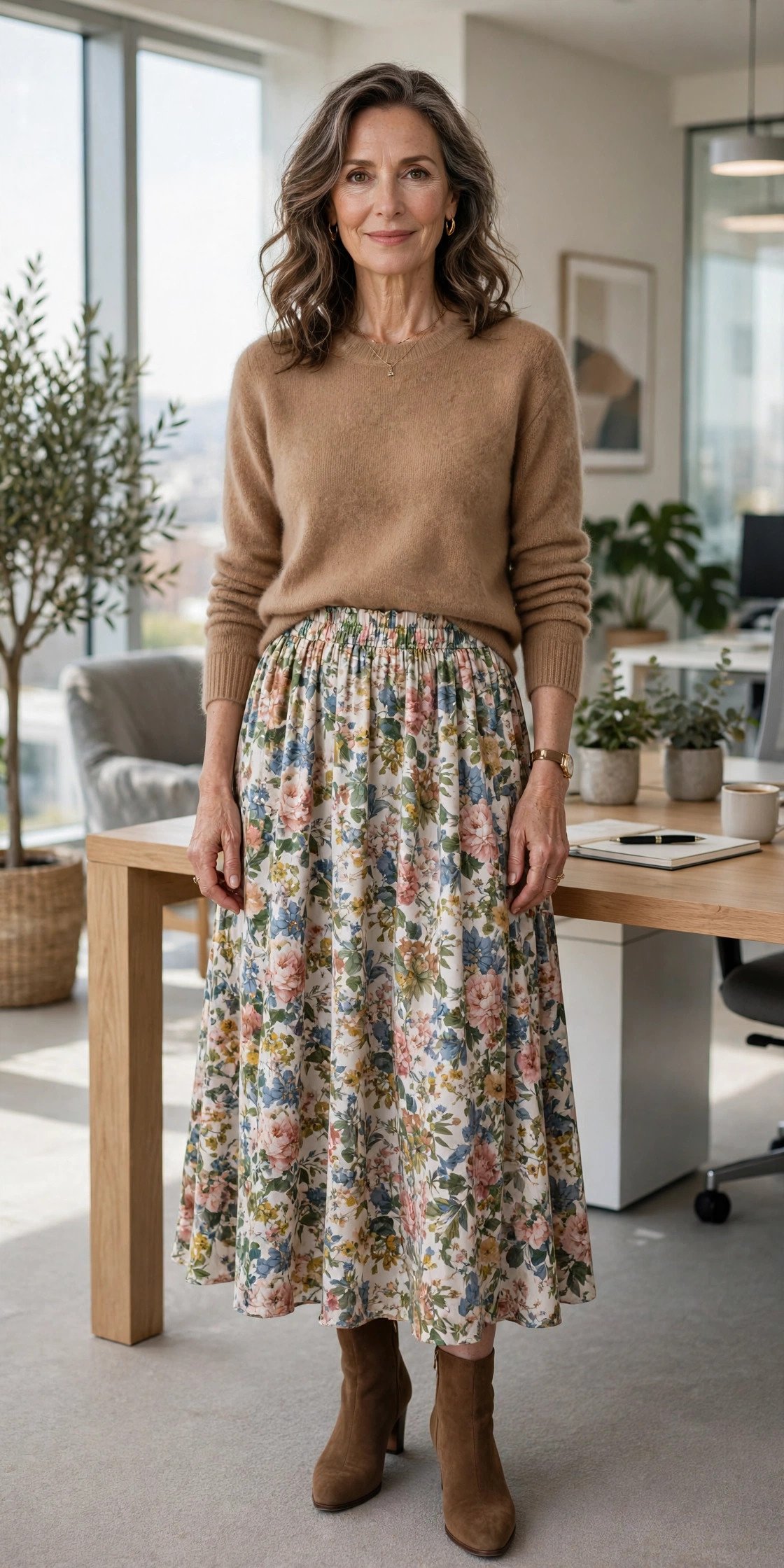 Woman wearing midi skirt and cashmere sweater