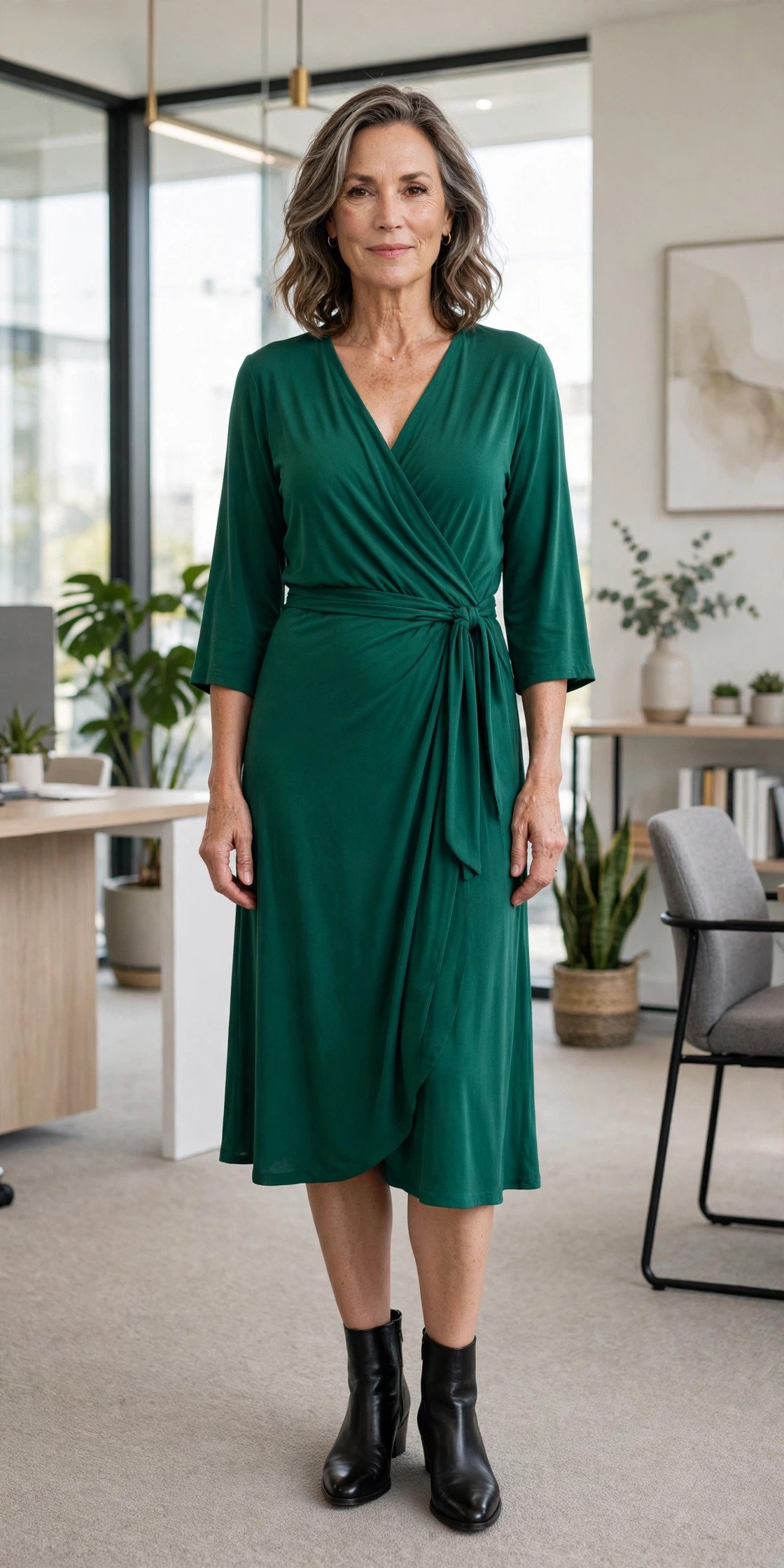 Woman wearing jersey wrap dress at work