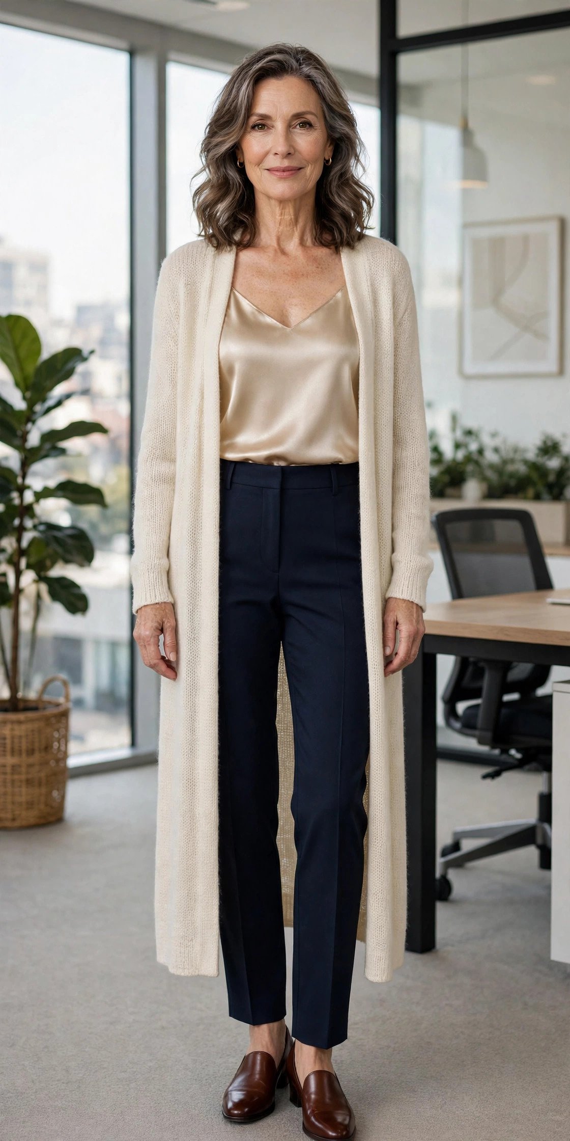Woman in longline cardigan with silk top
