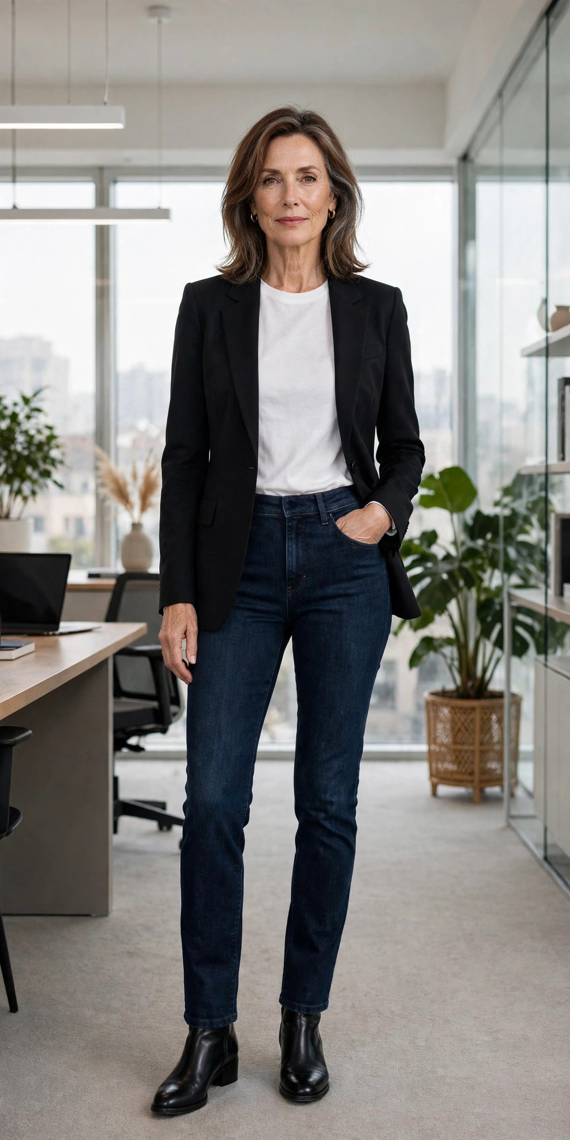 Woman wearing dark jeans with blazer for work