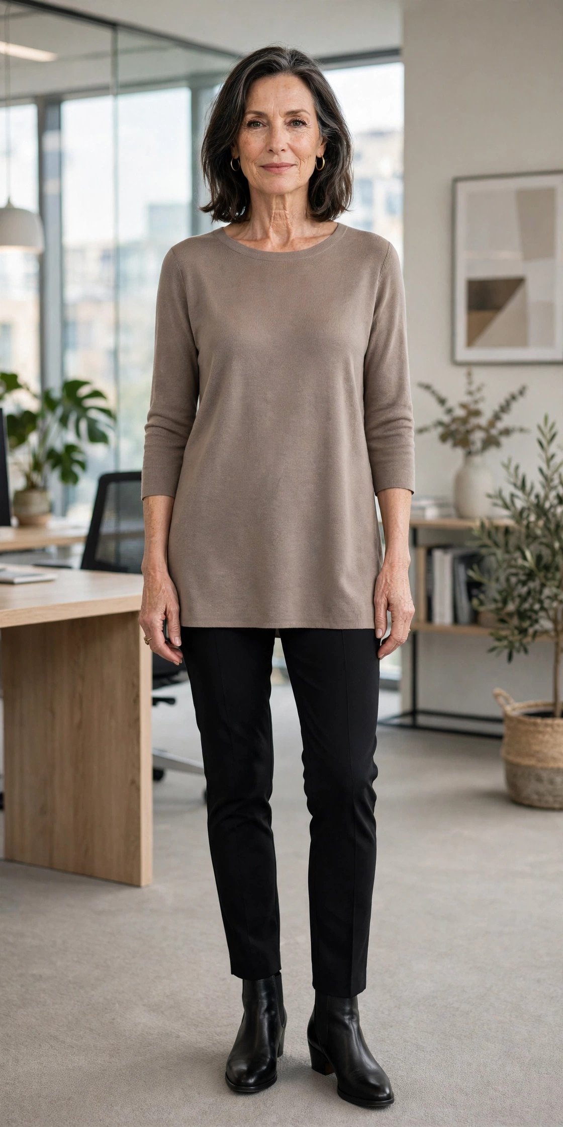 Woman in ponte tunic with slim trousers