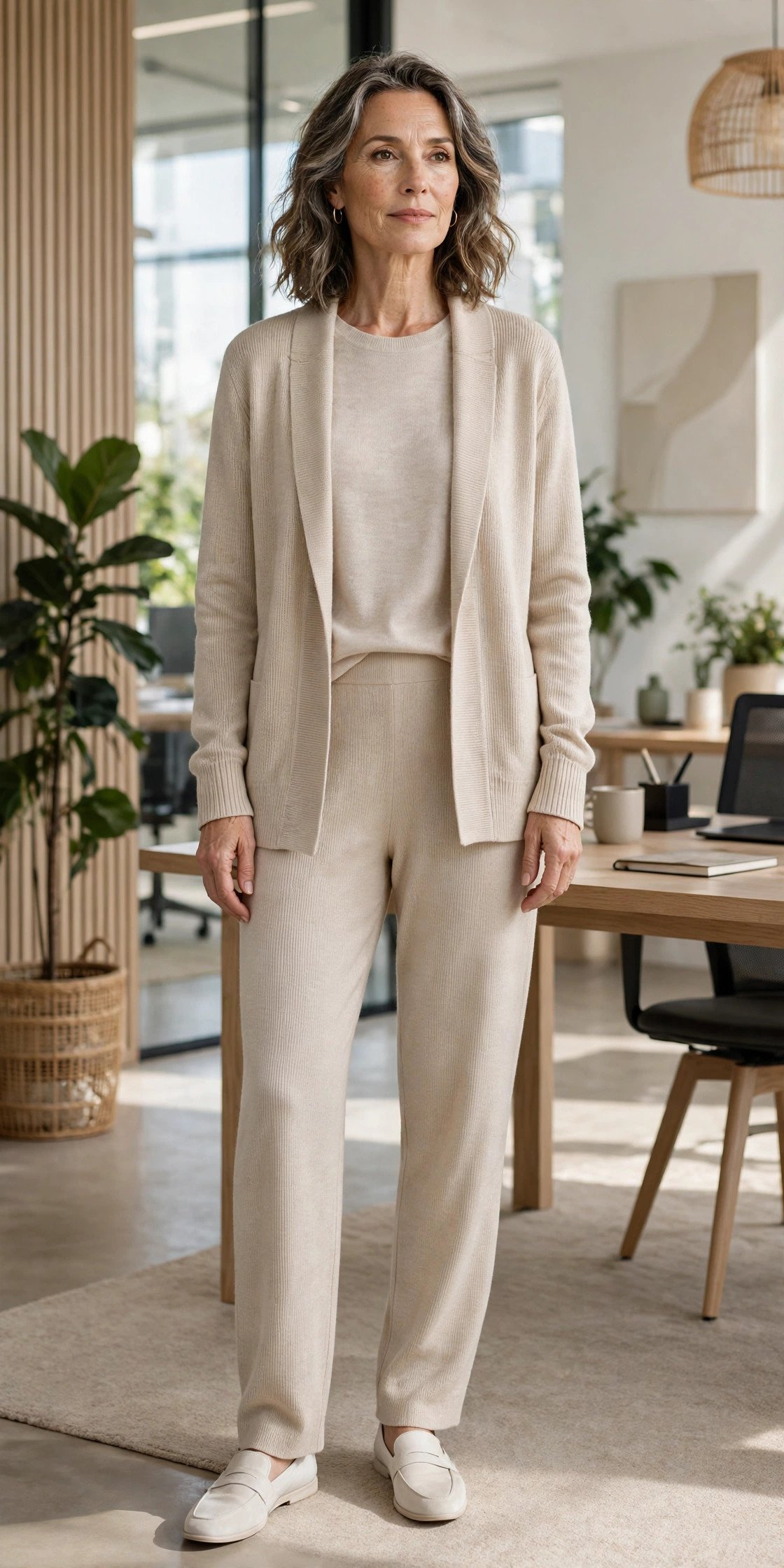 Woman wearing knit pantsuit in neutrals