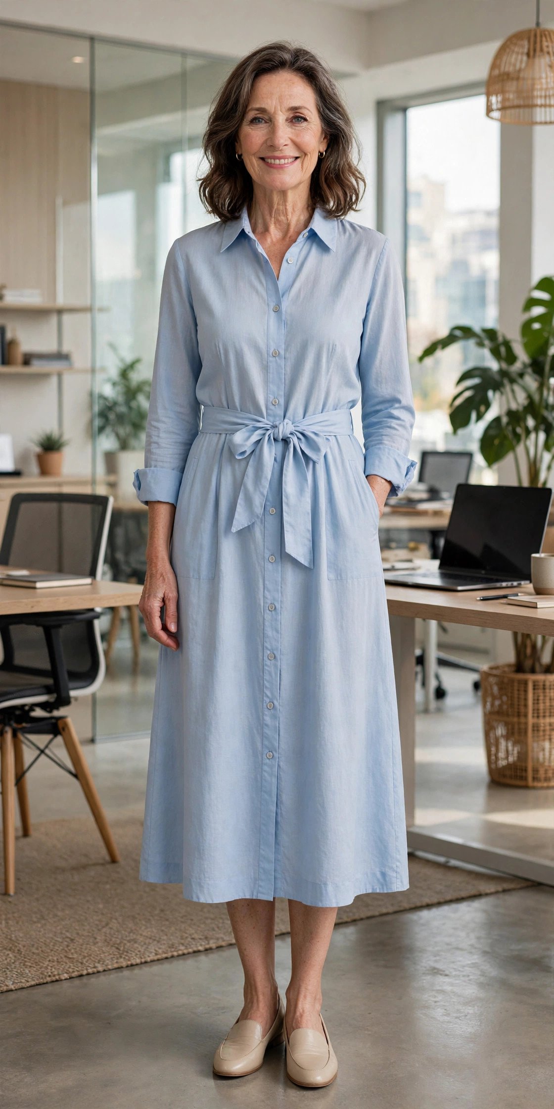 Woman wearing midi shirtdress with belt
