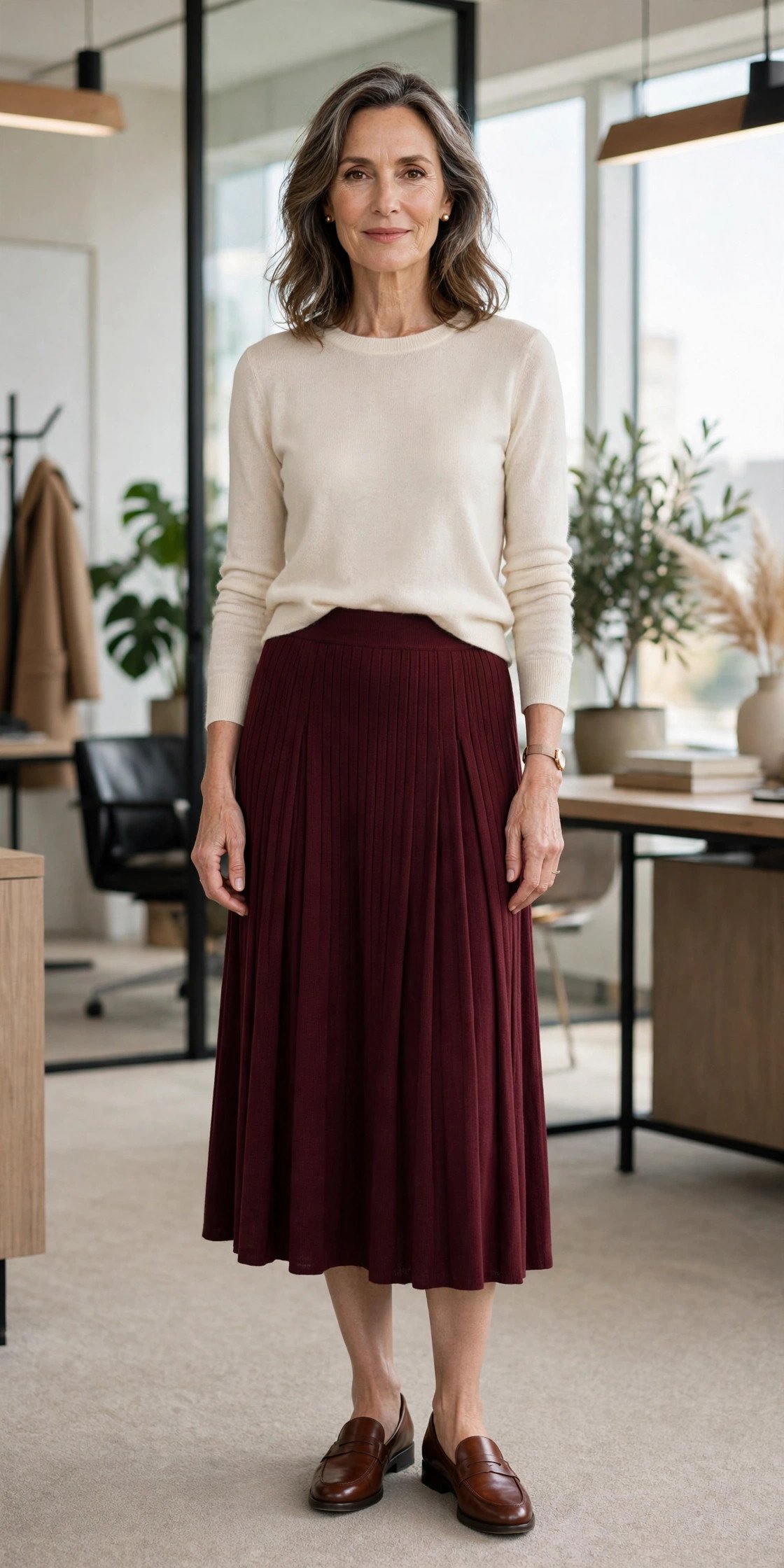 Woman in pleated knit skirt and sweater