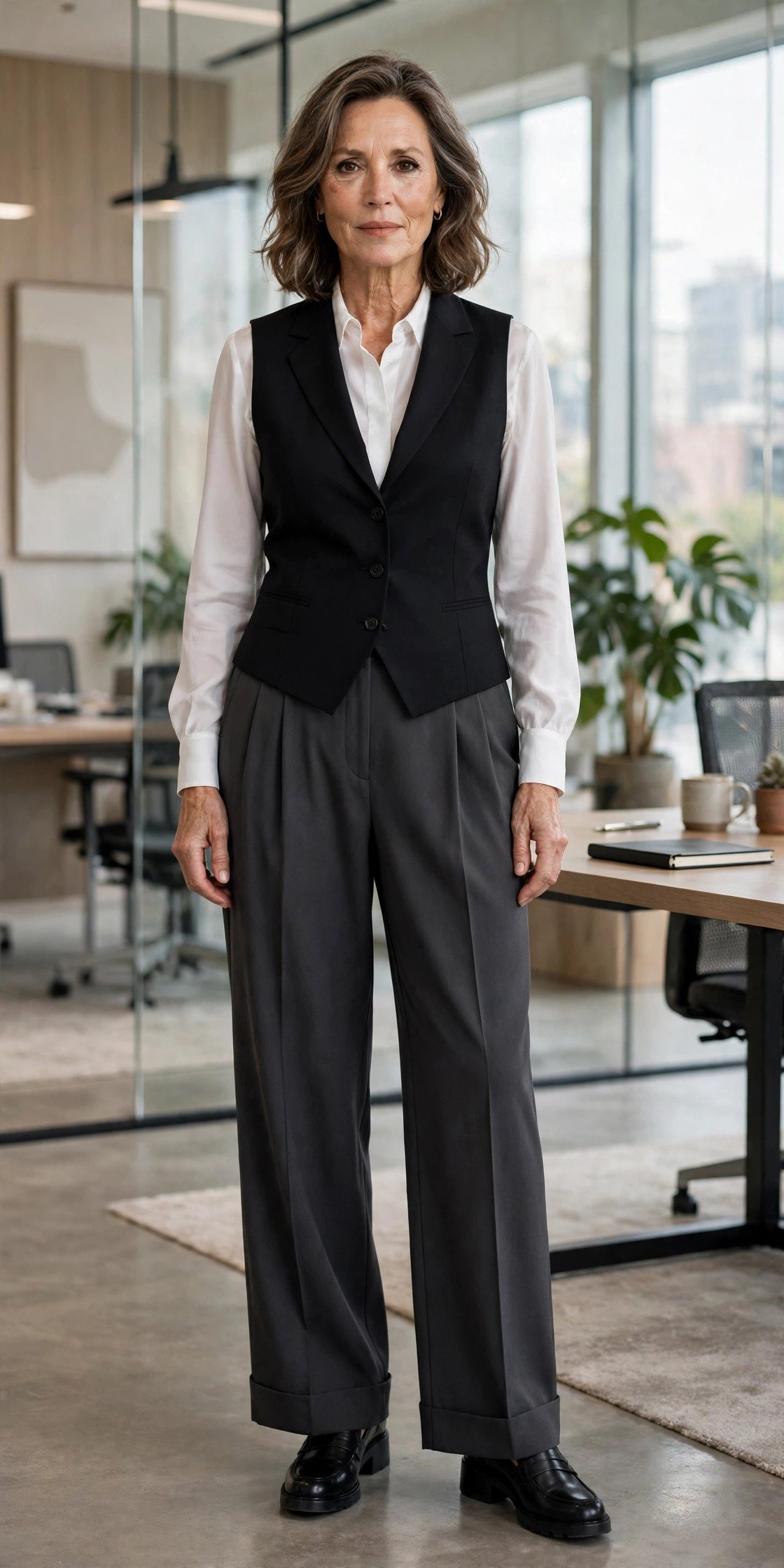 Woman wearing tailored vest with wide leg pants