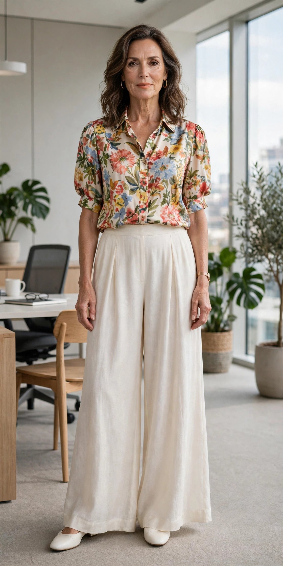 Woman in palazzo pants with silk blouse