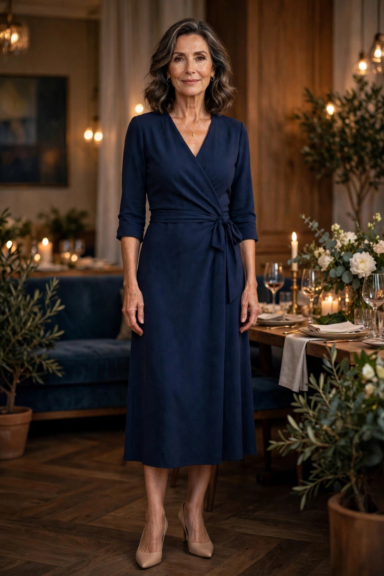 Woman in a navy blue wrap midi dress