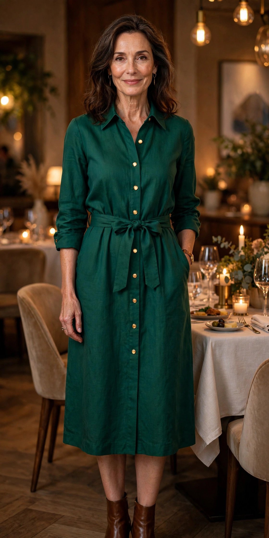 Woman in an emerald green shirt dress